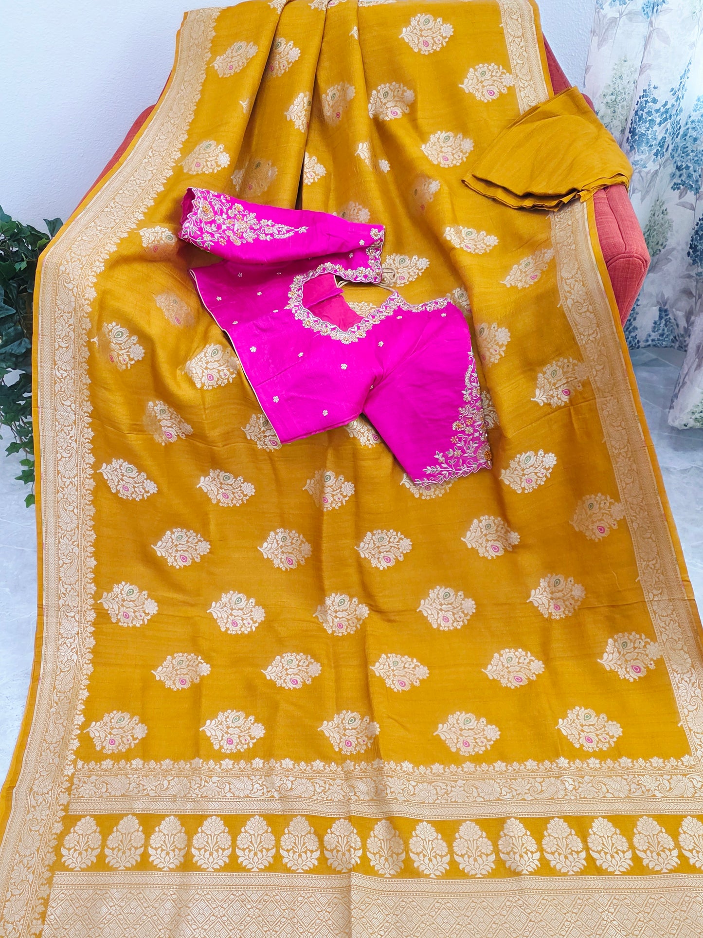 Imperial Mustard Gold Pure Tussar Georgette Saree with Antique Ivory Zari & Maggam Blouse