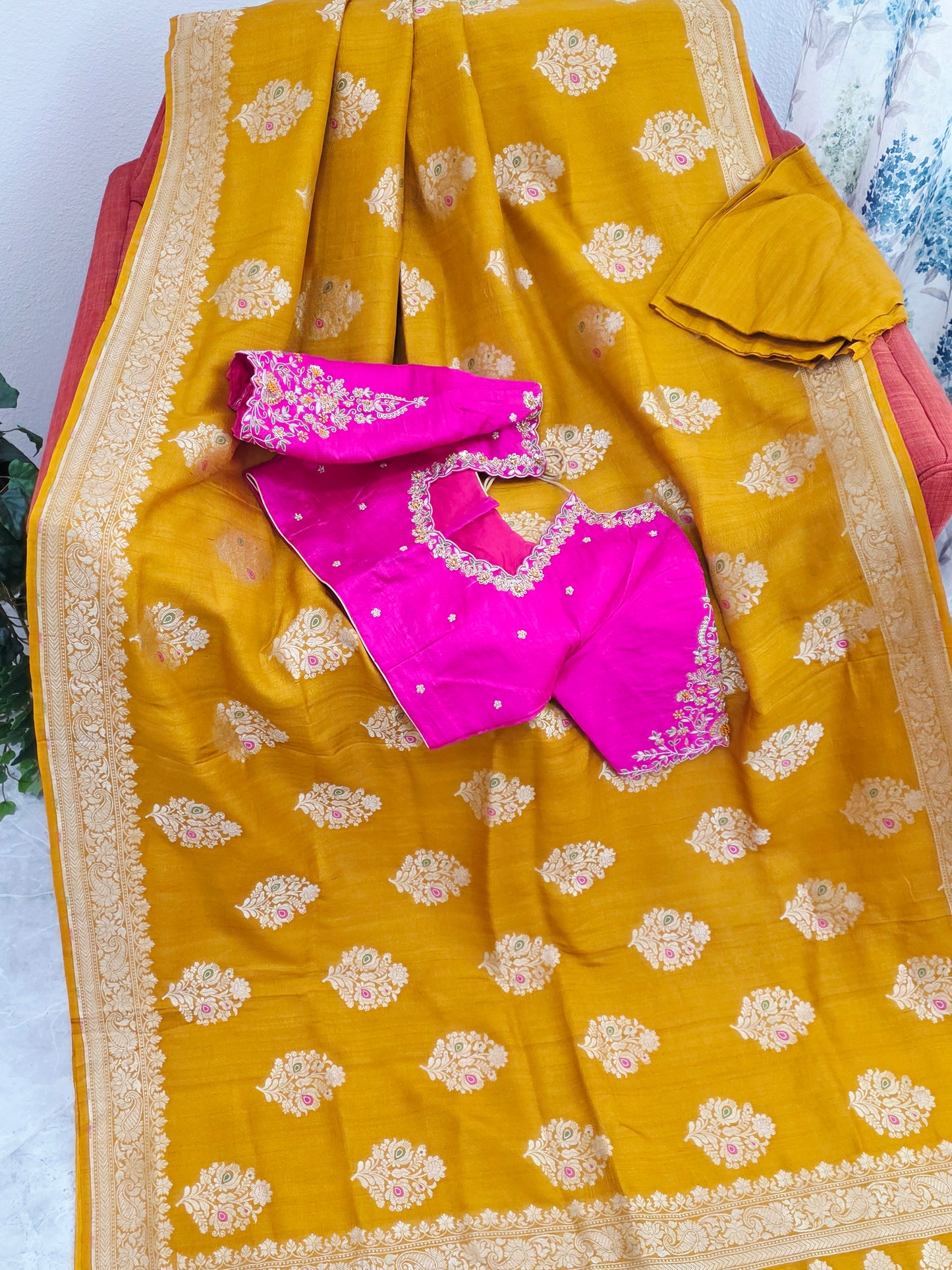 Imperial Mustard Gold Pure Tussar Georgette Saree with Antique Ivory Zari & Maggam Blouse