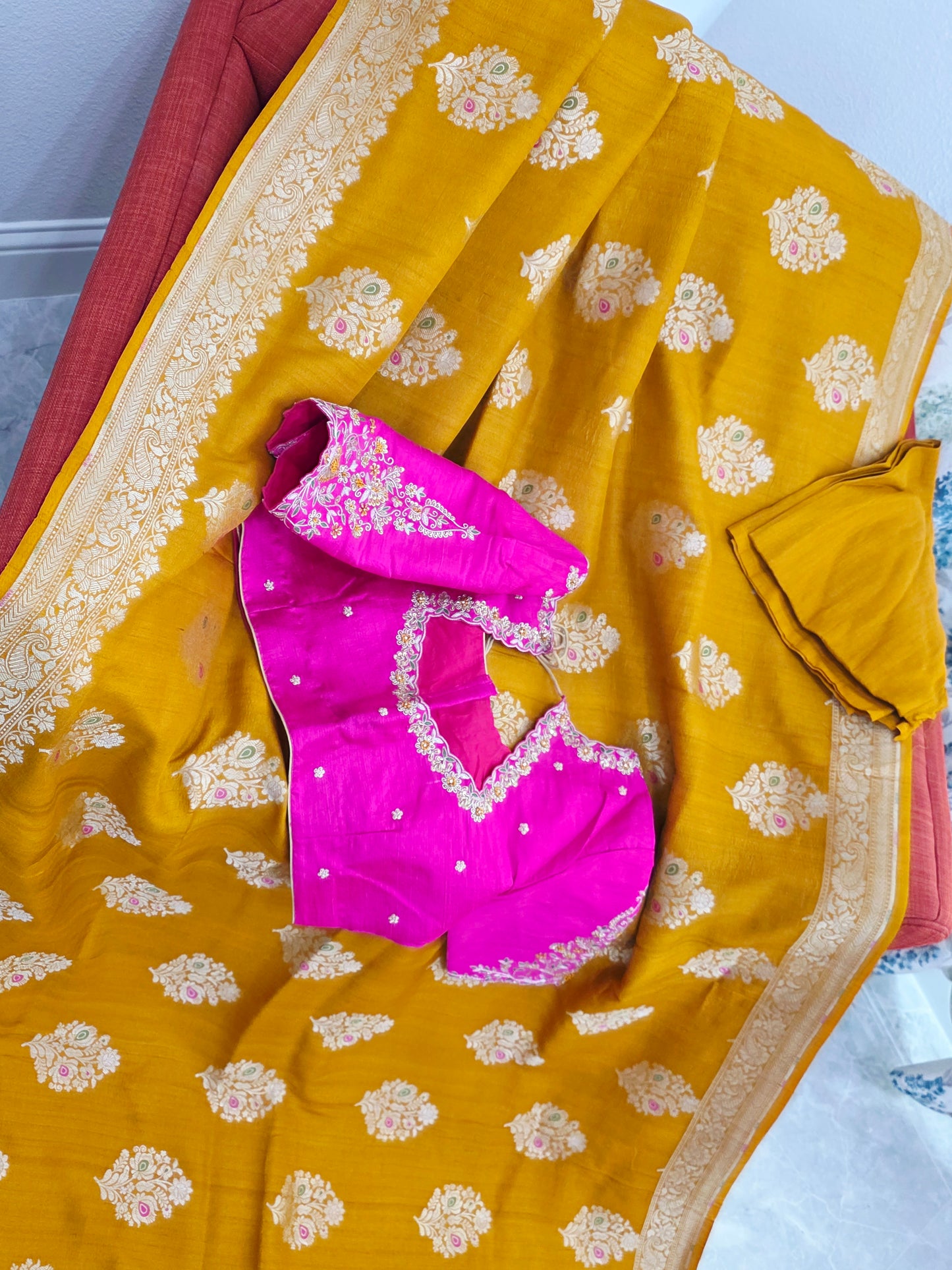 Imperial Mustard Gold Pure Tussar Georgette Saree with Antique Ivory Zari & Maggam Blouse