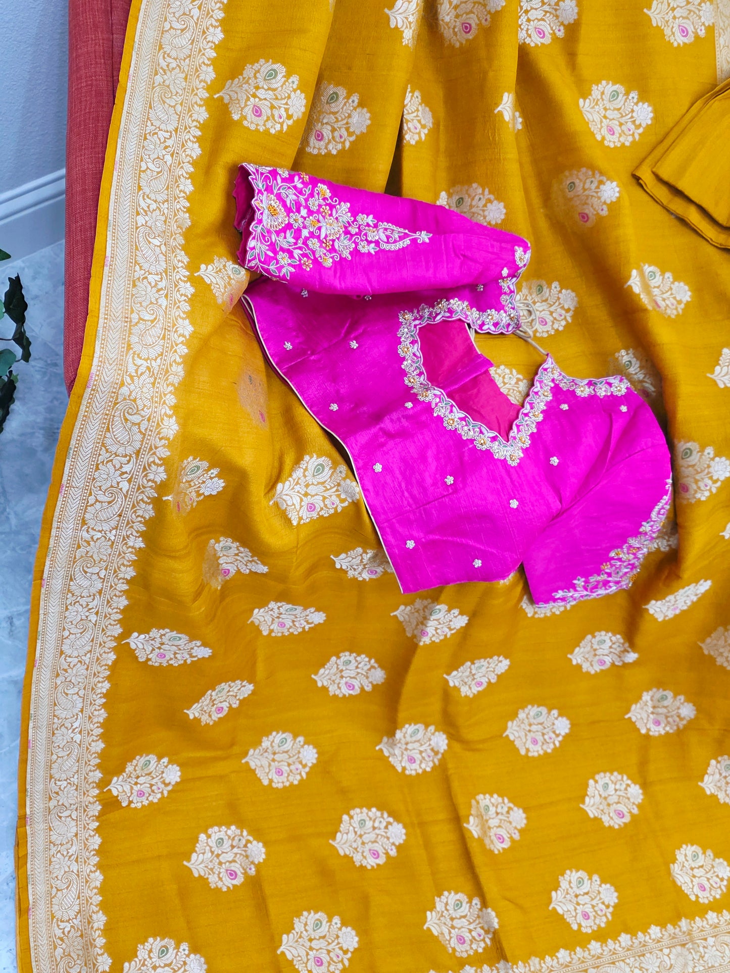 Imperial Mustard Gold Pure Tussar Georgette Saree with Antique Ivory Zari & Maggam Blouse