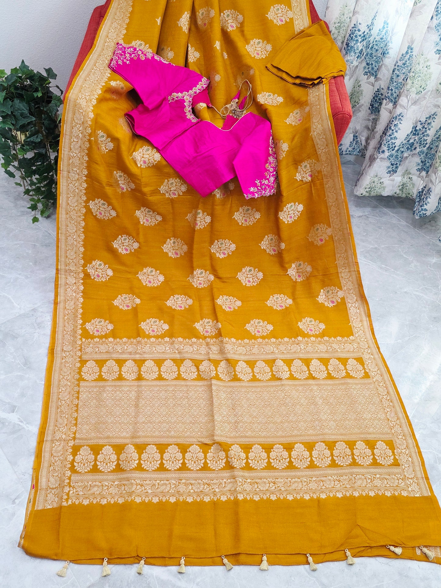 Imperial Mustard Gold Pure Tussar Georgette Saree with Antique Ivory Zari & Maggam Blouse