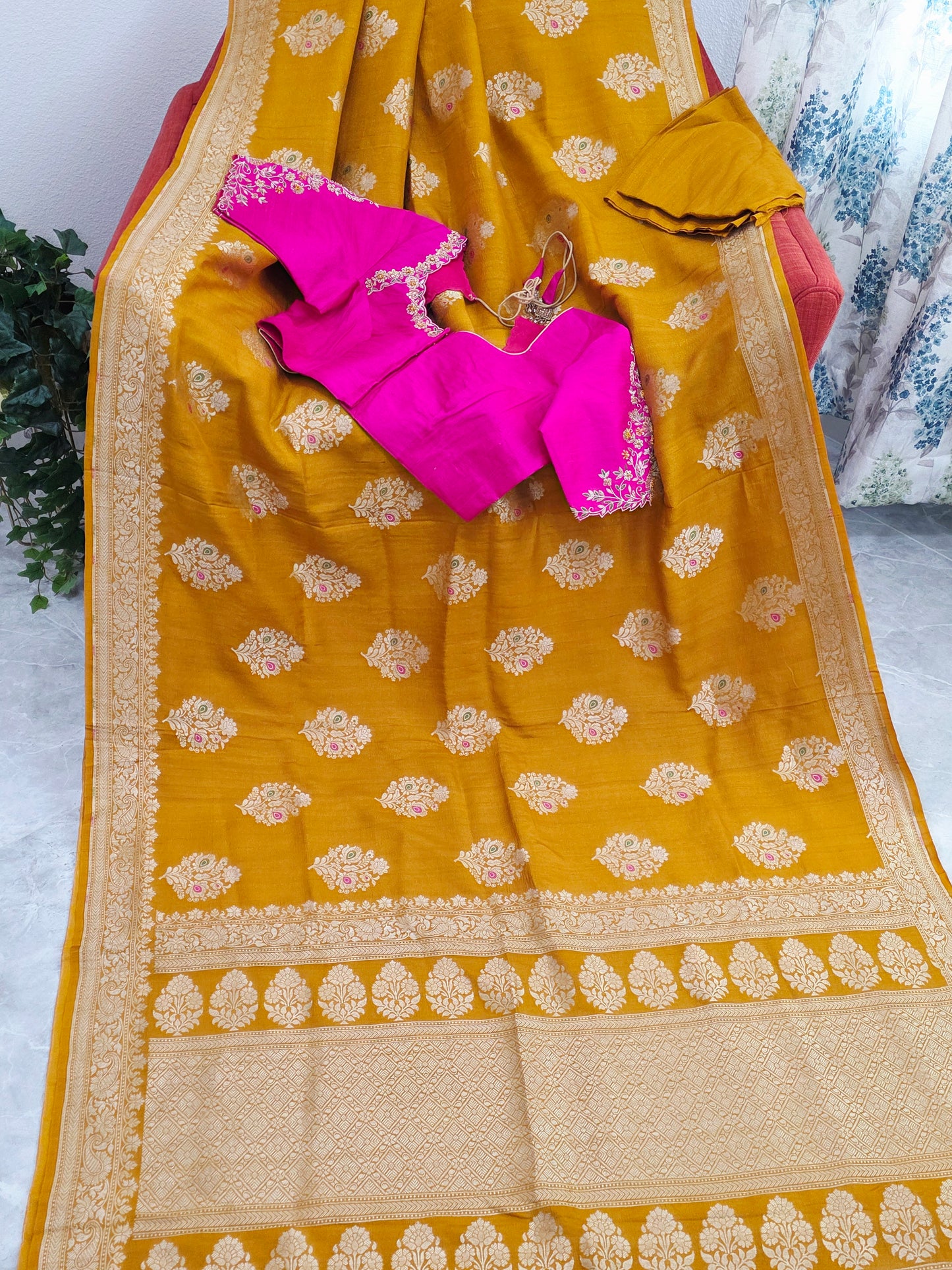 Imperial Mustard Gold Pure Tussar Georgette Saree with Antique Ivory Zari & Maggam Blouse