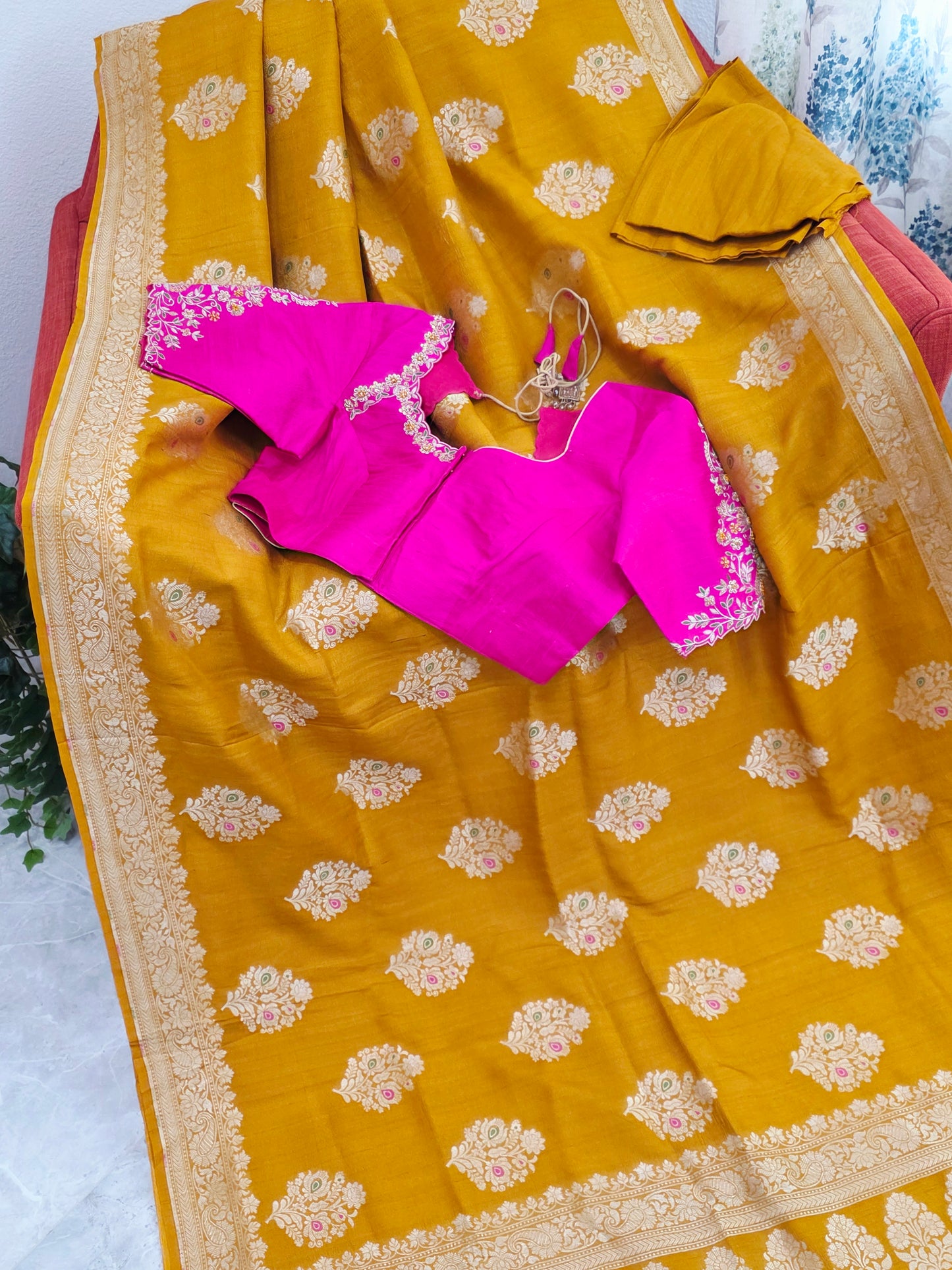 Imperial Mustard Gold Pure Tussar Georgette Saree with Antique Ivory Zari & Maggam Blouse