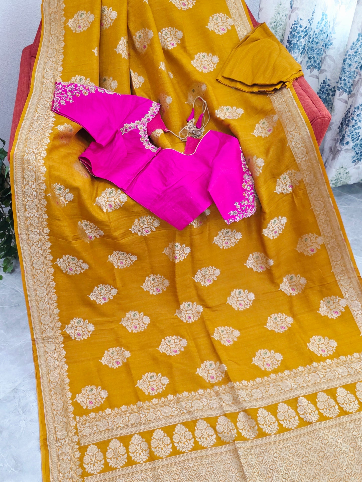 Imperial Mustard Gold Pure Tussar Georgette Saree with Antique Ivory Zari & Maggam Blouse