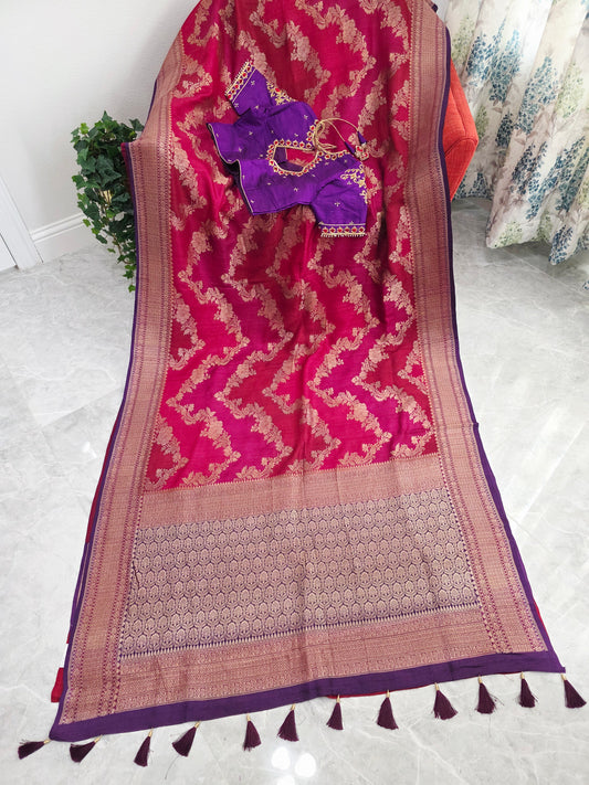 Imperial Magenta Rose Pure Tussar Georgette Saree with Royal Amethyst Maggam Work Blouse