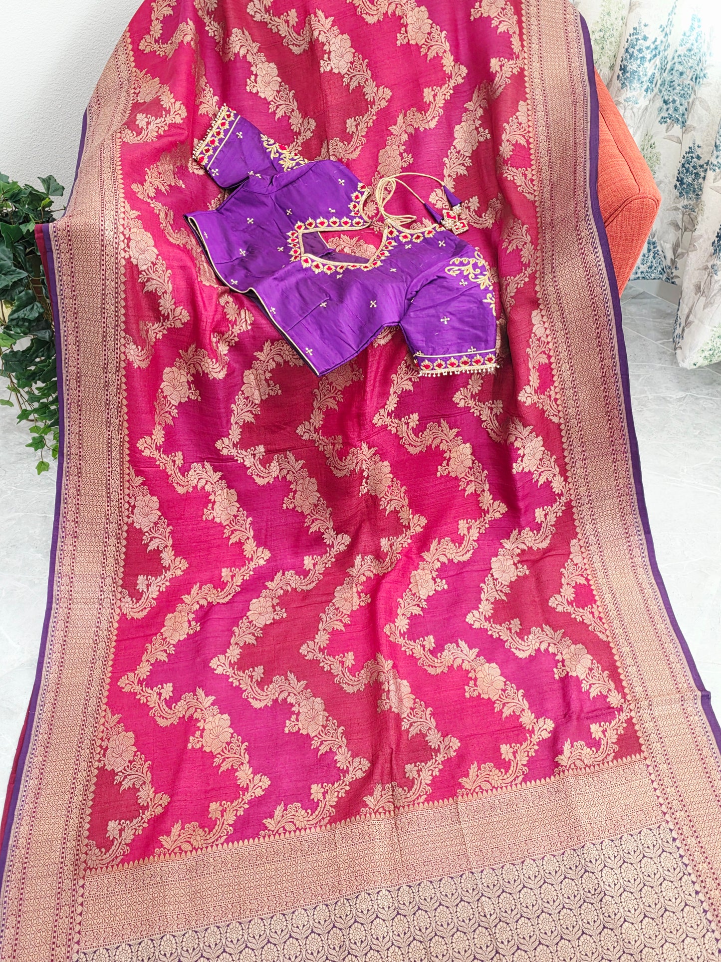 Imperial Magenta Rose Pure Tussar Georgette Saree with Royal Amethyst Maggam Work Blouse