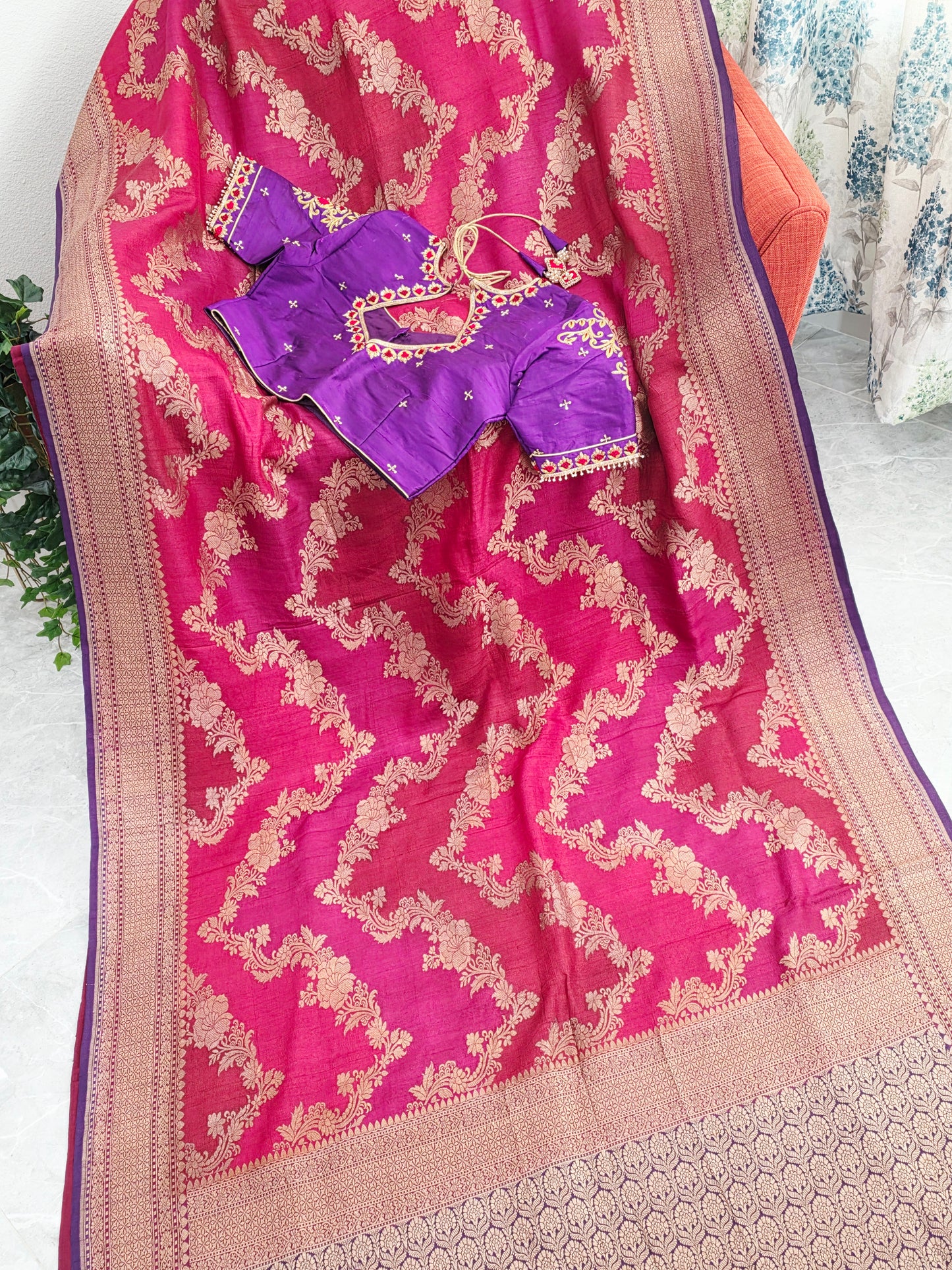 Imperial Magenta Rose Pure Tussar Georgette Saree with Royal Amethyst Maggam Work Blouse