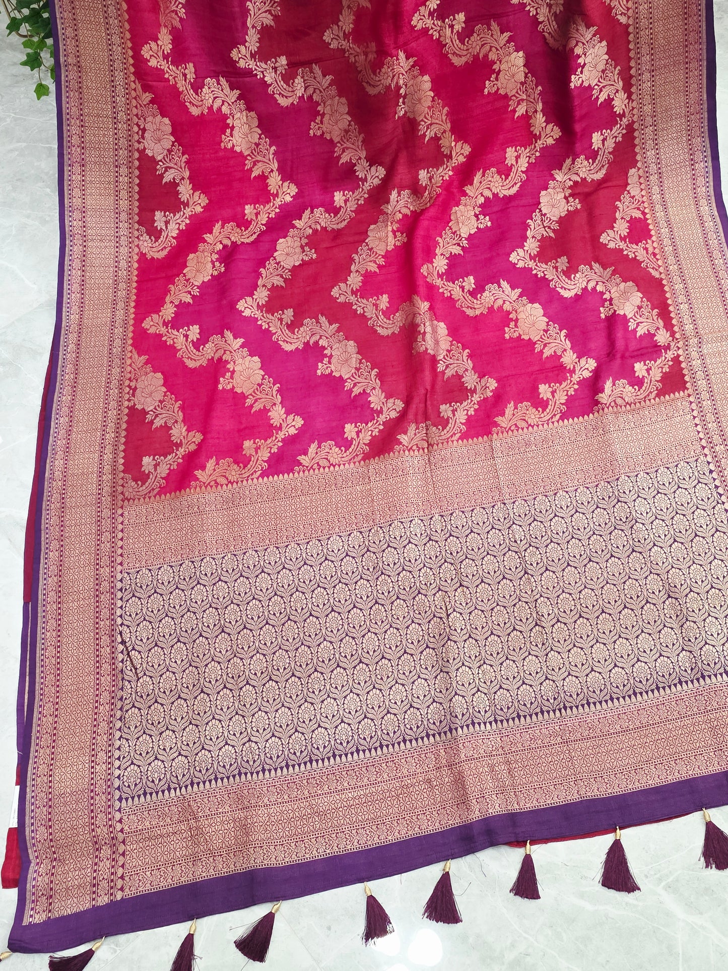 Imperial Magenta Rose Pure Tussar Georgette Saree with Royal Amethyst Maggam Work Blouse