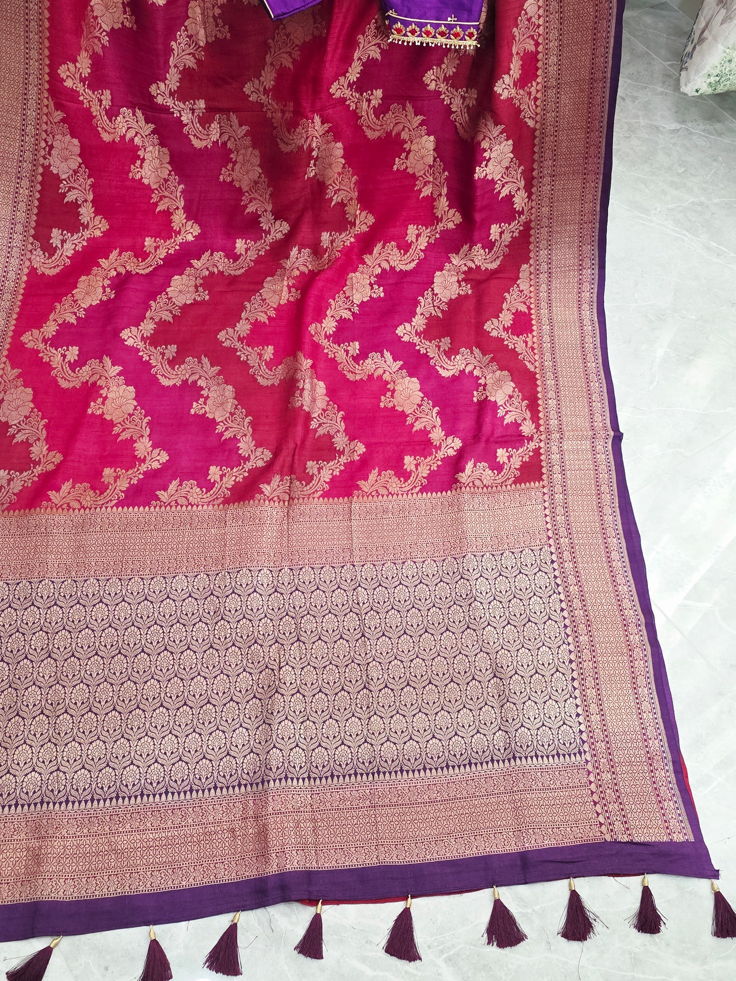 Imperial Magenta Rose Pure Tussar Georgette Saree with Royal Amethyst Maggam Work Blouse