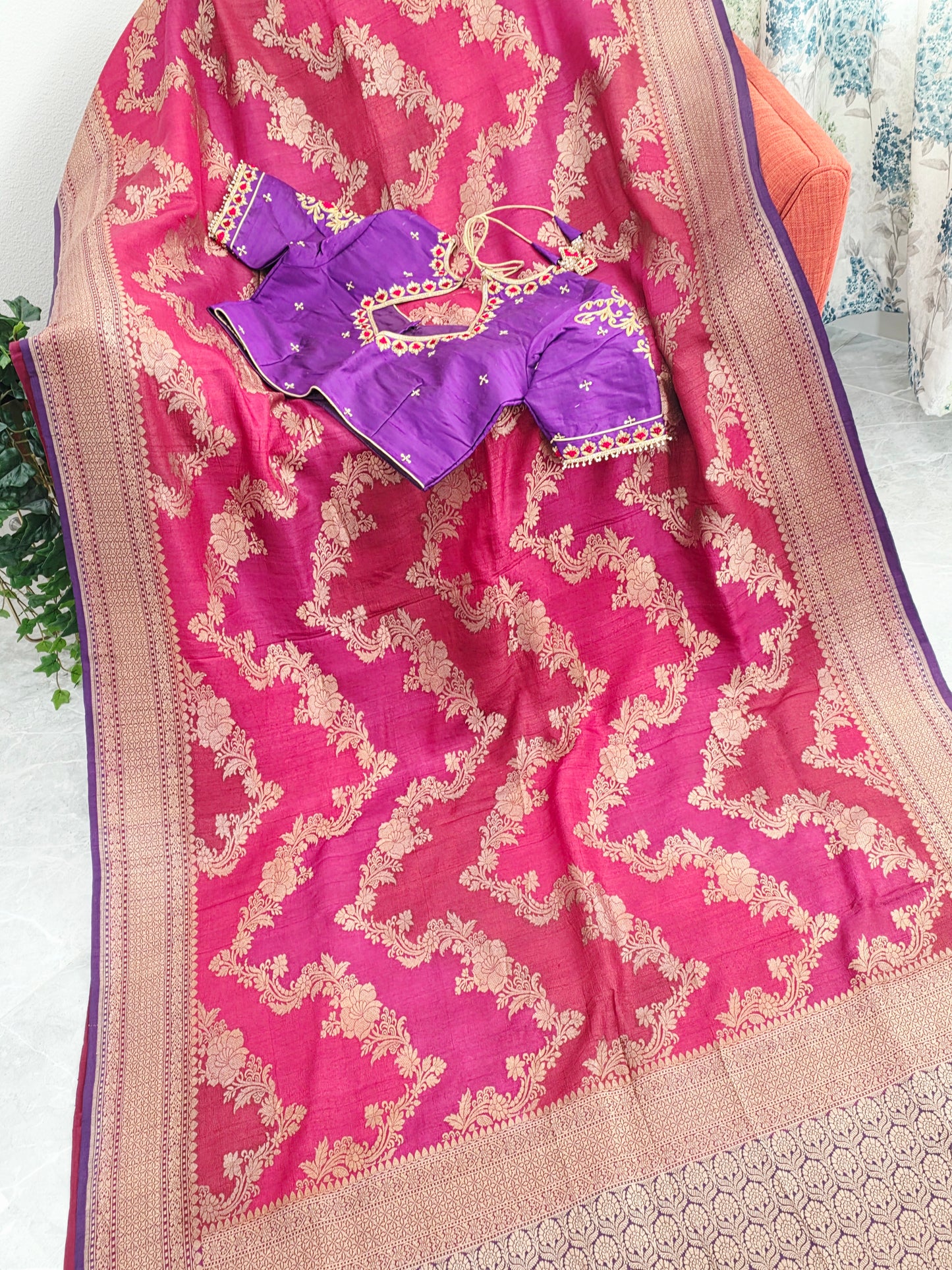 Imperial Magenta Rose Pure Tussar Georgette Saree with Royal Amethyst Maggam Work Blouse