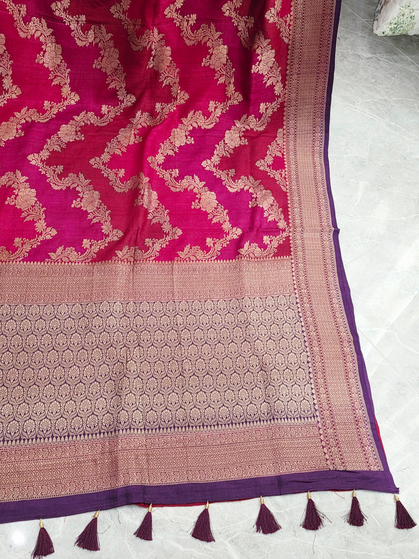 Royal Raspberry Rose Tussar Georgette Saree with Gold Zari Border