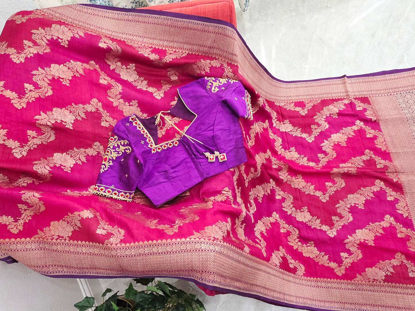 Imperial Magenta Rose Pure Tussar Georgette Saree with Royal Amethyst Maggam Work Blouse