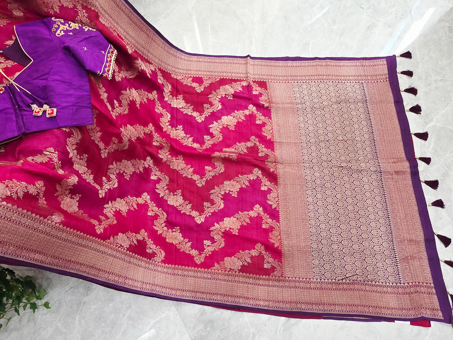 Imperial Magenta Rose Pure Tussar Georgette Saree with Royal Amethyst Maggam Work Blouse