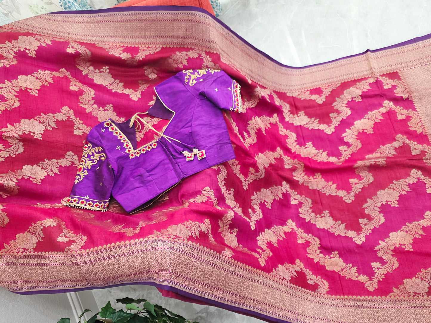 Imperial Magenta Rose Pure Tussar Georgette Saree with Royal Amethyst Maggam Work Blouse