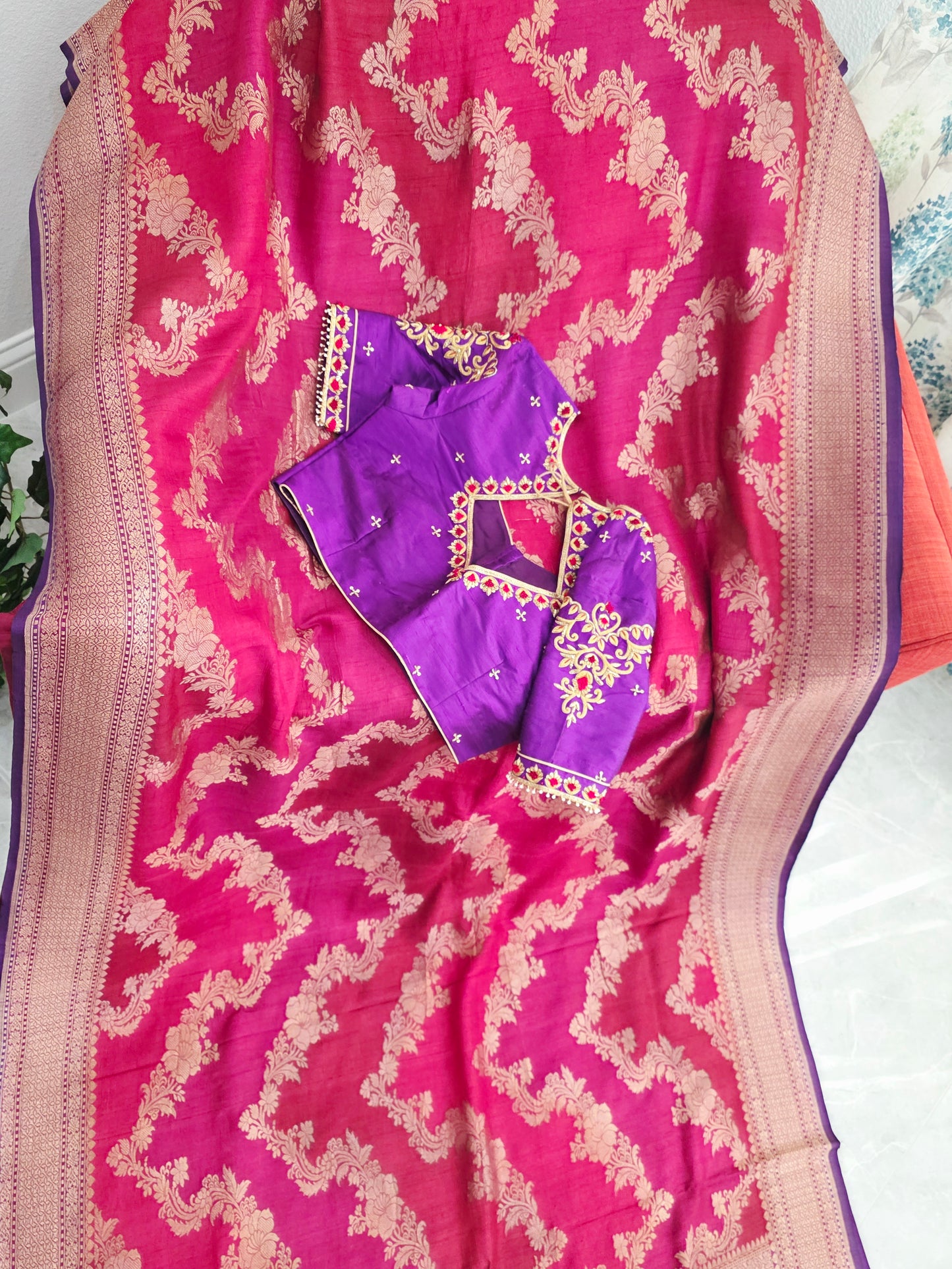 Imperial Magenta Rose Pure Tussar Georgette Saree with Royal Amethyst Maggam Work Blouse