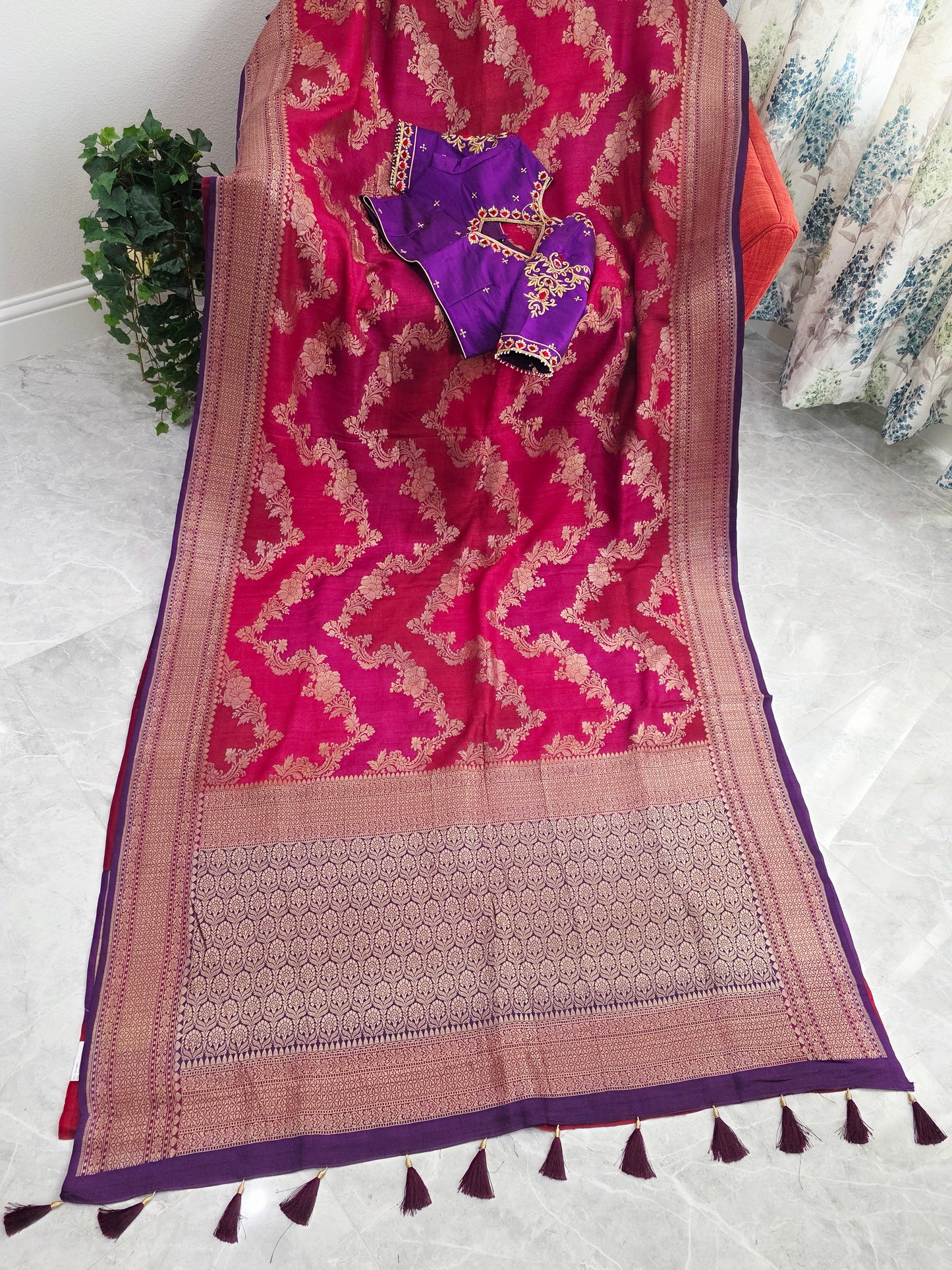 Imperial Magenta Rose Pure Tussar Georgette Saree with Royal Amethyst Maggam Work Blouse