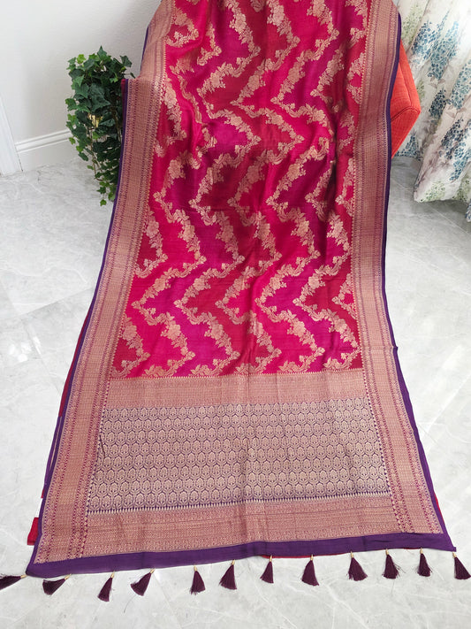 Royal Raspberry Rose Tussar Georgette Saree with Gold Zari Border