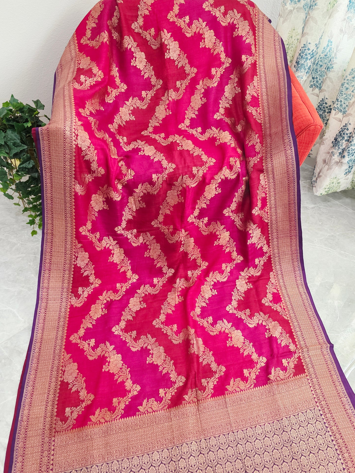 Royal Raspberry Rose Tussar Georgette Saree with Gold Zari Border