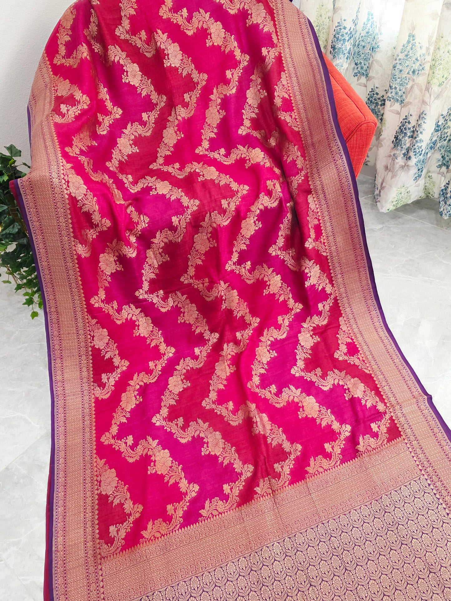 Royal Raspberry Rose Tussar Georgette Saree with Gold Zari Border