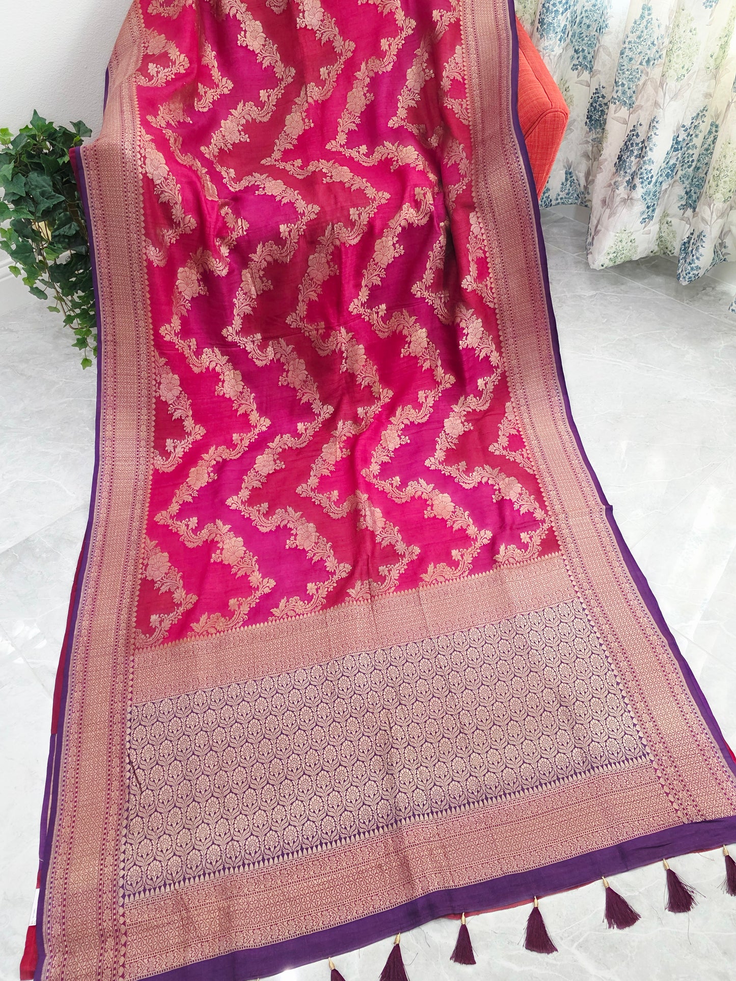 Royal Raspberry Rose Tussar Georgette Saree with Gold Zari Border
