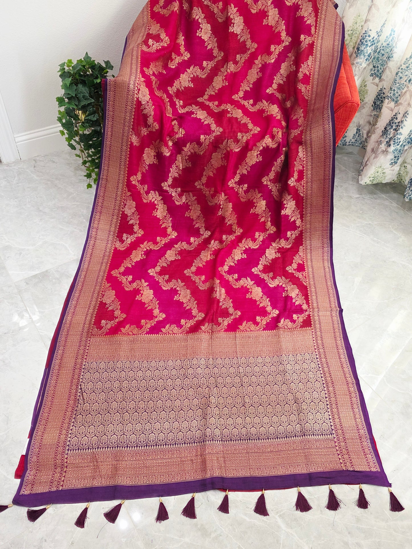 Royal Raspberry Rose Tussar Georgette Saree with Gold Zari Border