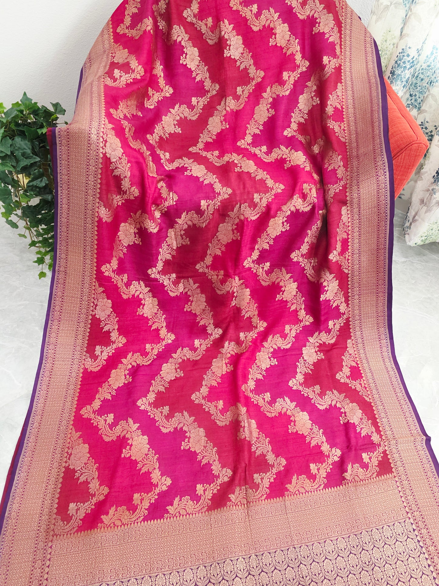 Royal Raspberry Rose Tussar Georgette Saree with Gold Zari Border