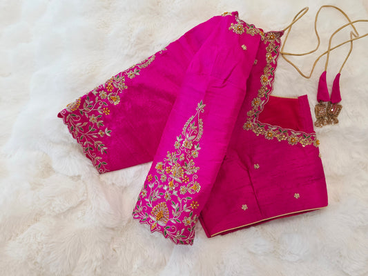Rani Pink Pure Raw Silk Maggam Hand Embroidery Blouse
