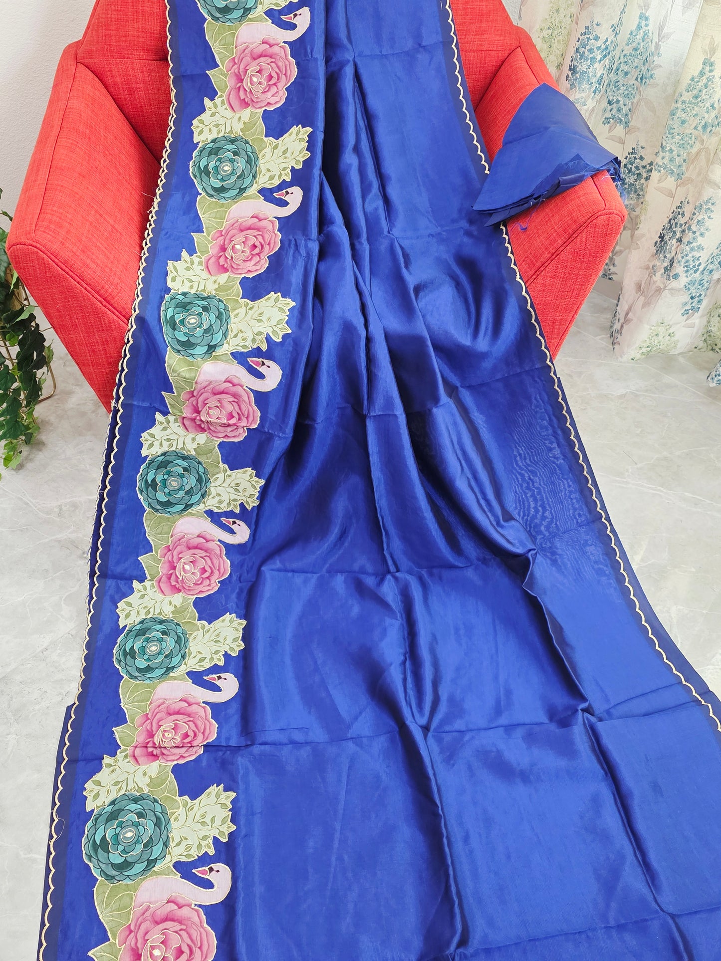 Imperial Royal Blue with Pastel Floral Swan Border Mangalagiri Handloom Silk Cotton Saree with Appliqué Work