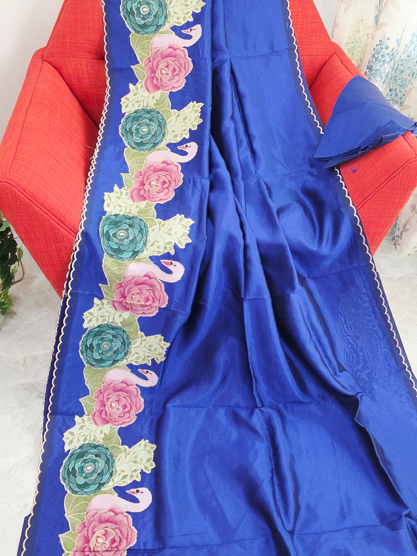 Imperial Royal Blue with Pastel Floral Swan Border Mangalagiri Handloom Silk Cotton Saree with Appliqué Work