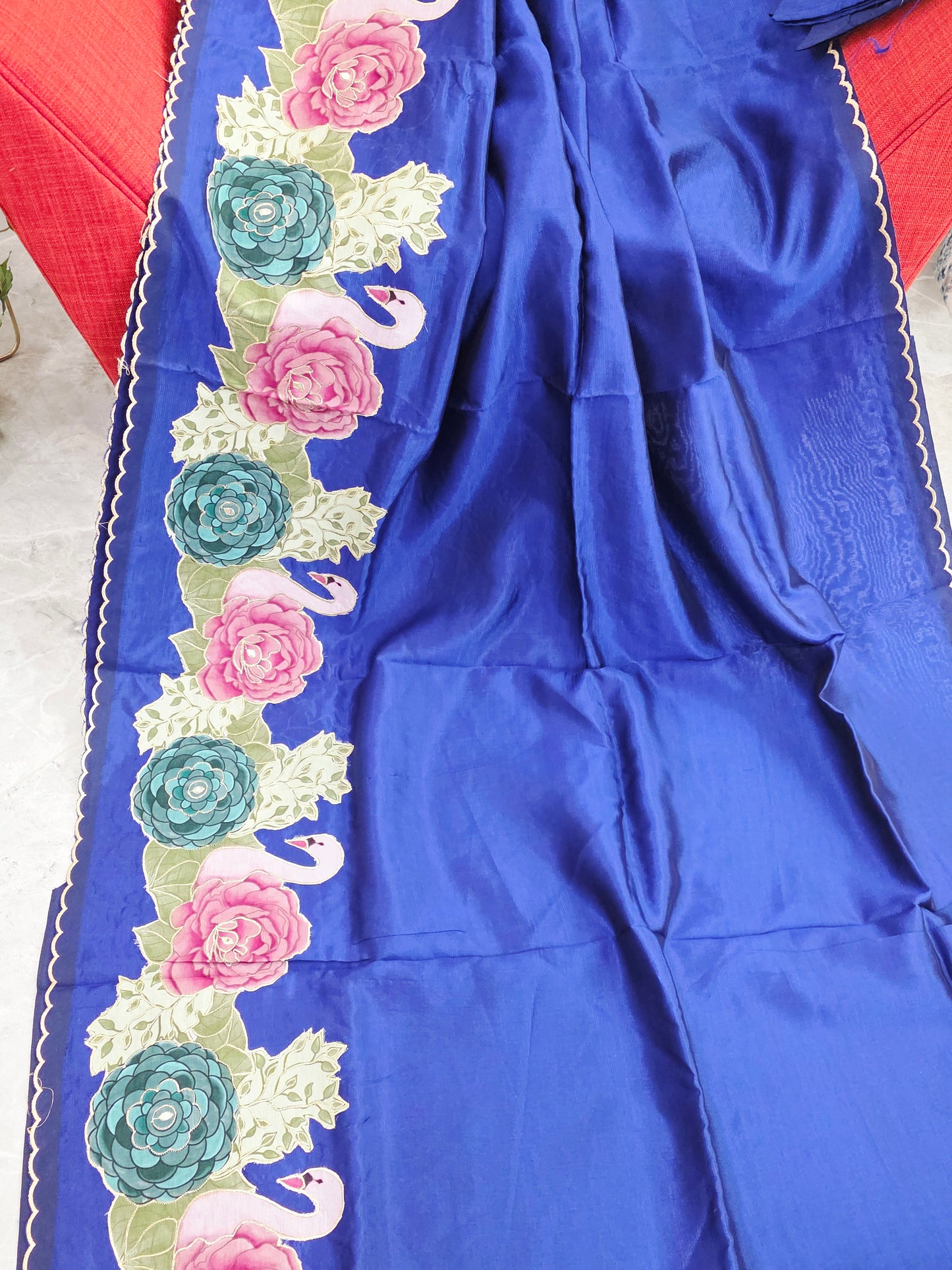 Imperial Royal Blue with Pastel Floral Swan Border Mangalagiri Handloom Silk Cotton Saree with Appliqué Work