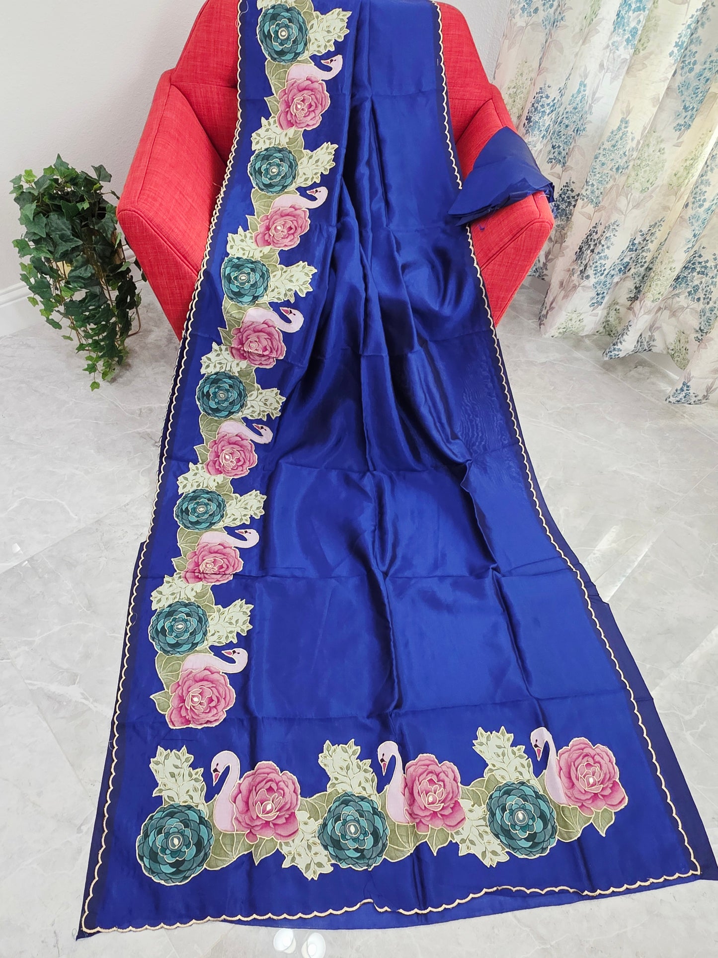 Imperial Royal Blue with Pastel Floral Swan Border Mangalagiri Handloom Silk Cotton Saree with Appliqué Work