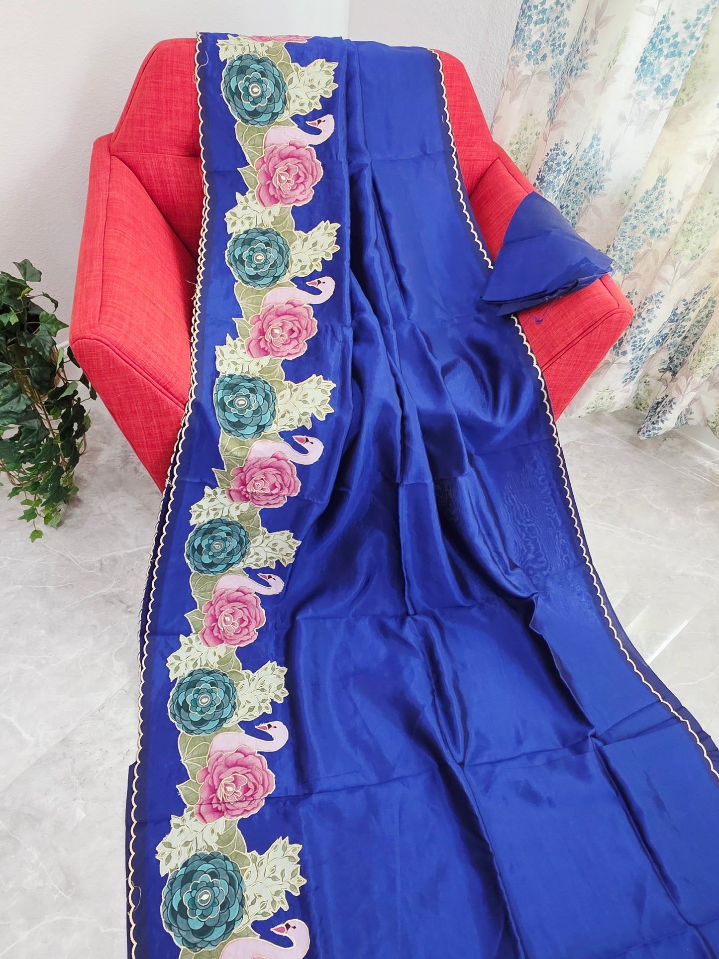 Imperial Royal Blue with Pastel Floral Swan Border Mangalagiri Handloom Silk Cotton Saree with Appliqué Work