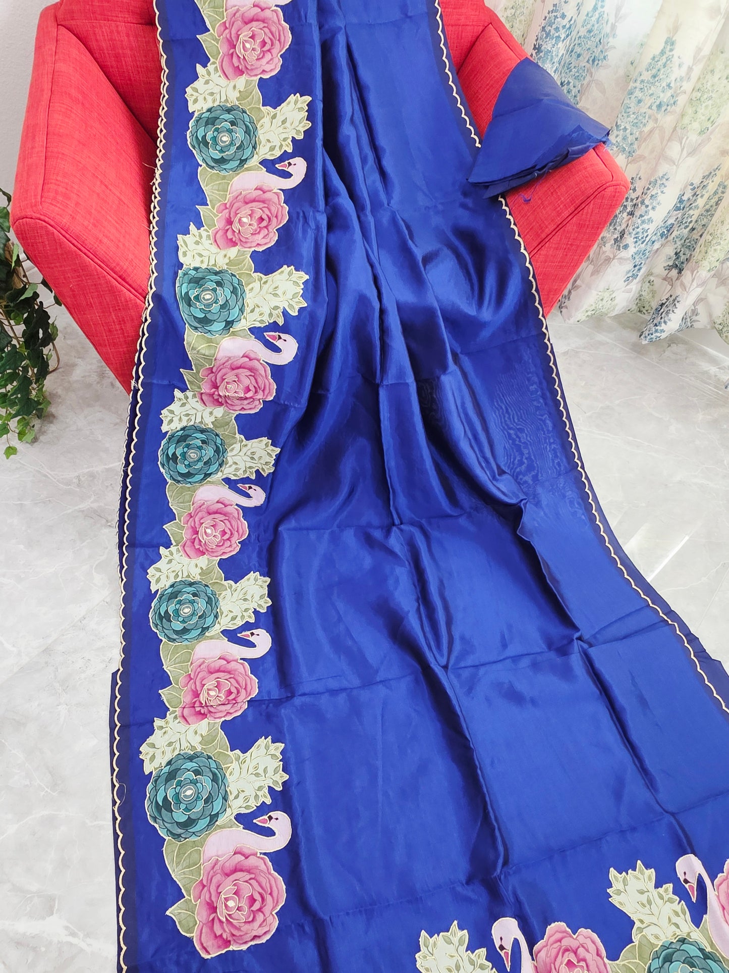 Imperial Royal Blue with Pastel Floral Swan Border Mangalagiri Handloom Silk Cotton Saree with Appliqué Work