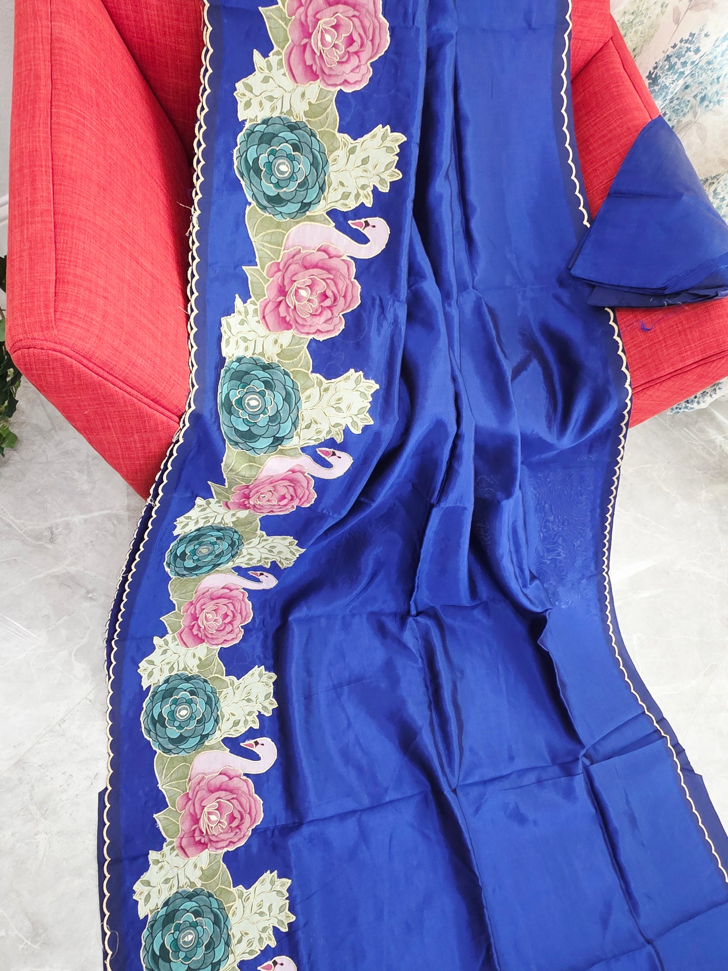 Imperial Royal Blue with Pastel Floral Swan Border Mangalagiri Handloom Silk Cotton Saree with Appliqué Work