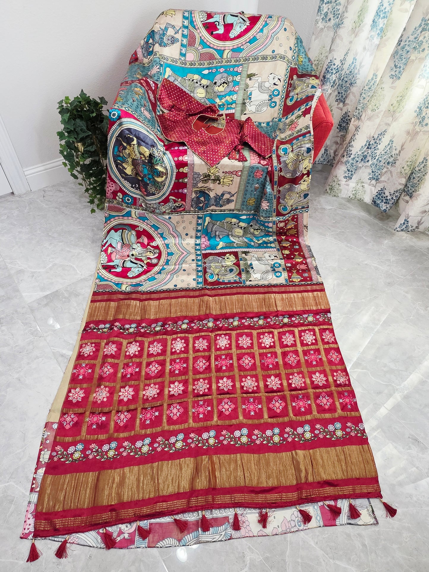 Gaji Satin Kalamkari Silk Saree with Stitched Blouse