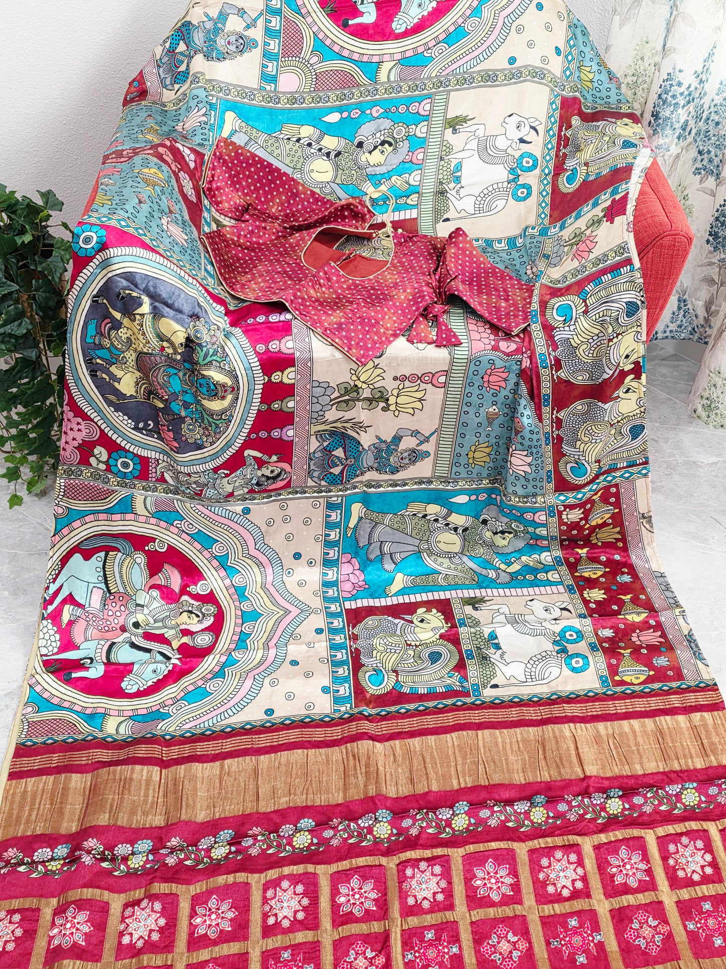 Gaji Satin Kalamkari Silk Saree with Stitched Blouse