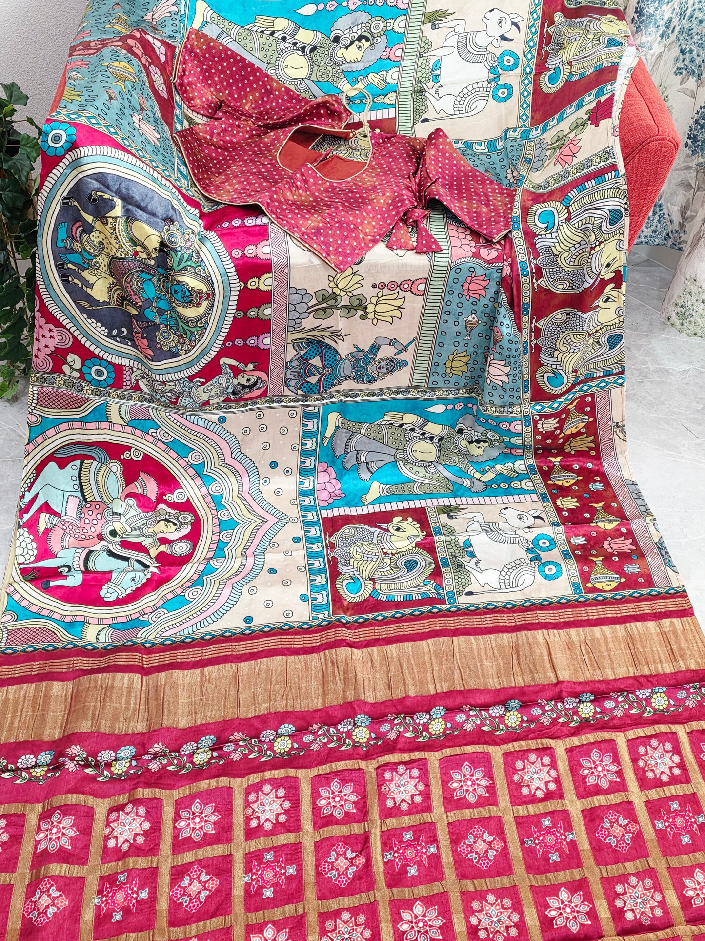 Gaji Satin Kalamkari Silk Saree with Stitched Blouse