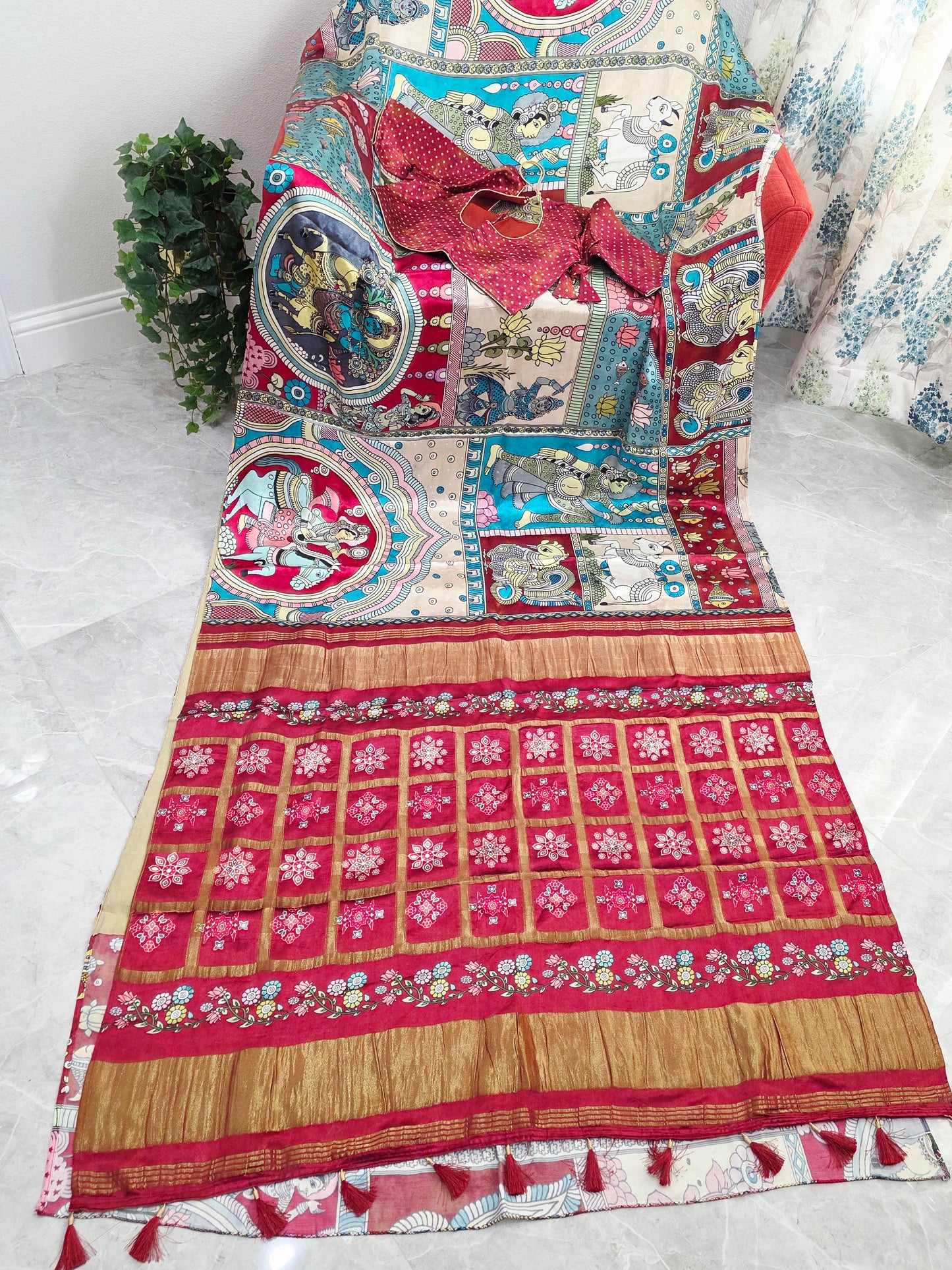 Gaji Satin Kalamkari Silk Saree with Stitched Blouse