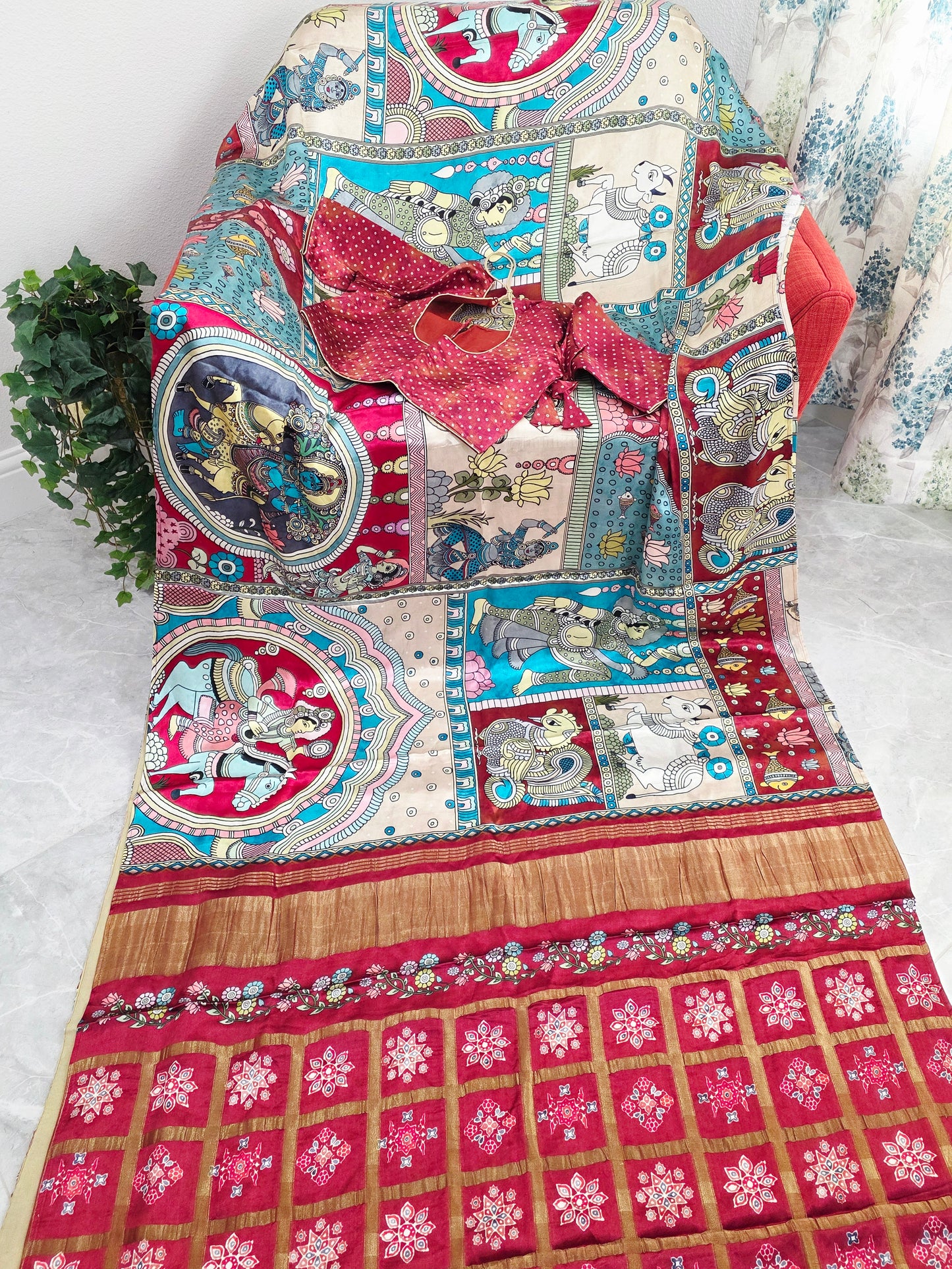 Gaji Satin Kalamkari Silk Saree with Stitched Blouse