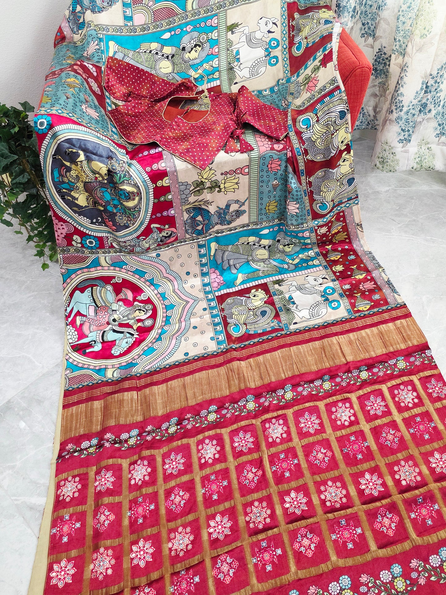 Gaji Satin Kalamkari Silk Saree with Stitched Blouse