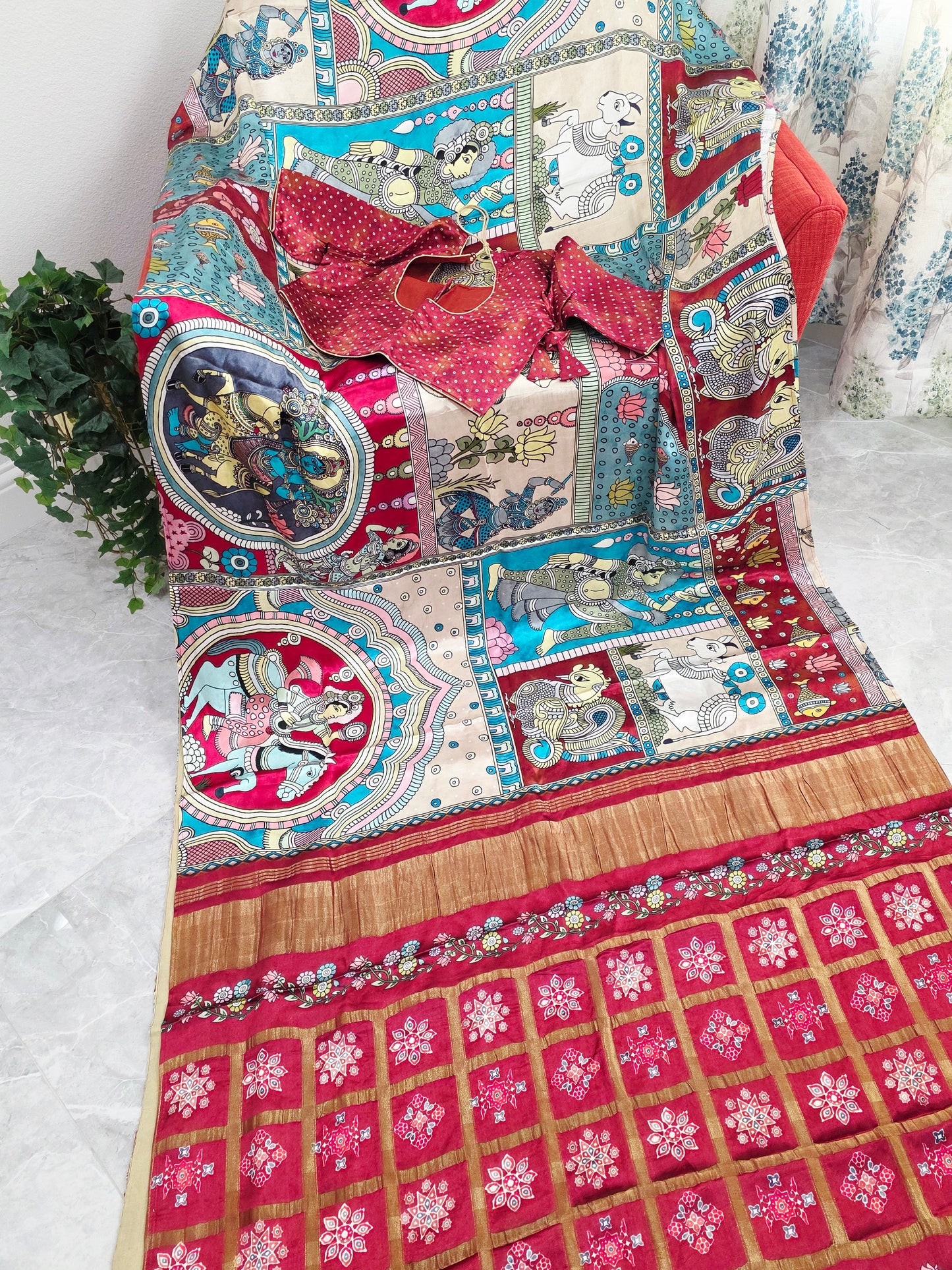 Gaji Satin Kalamkari Silk Saree with Stitched Blouse