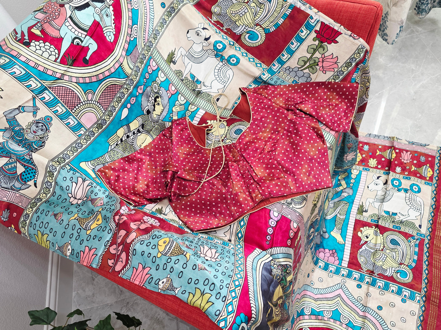 Gaji Satin Kalamkari Silk Saree with Stitched Blouse