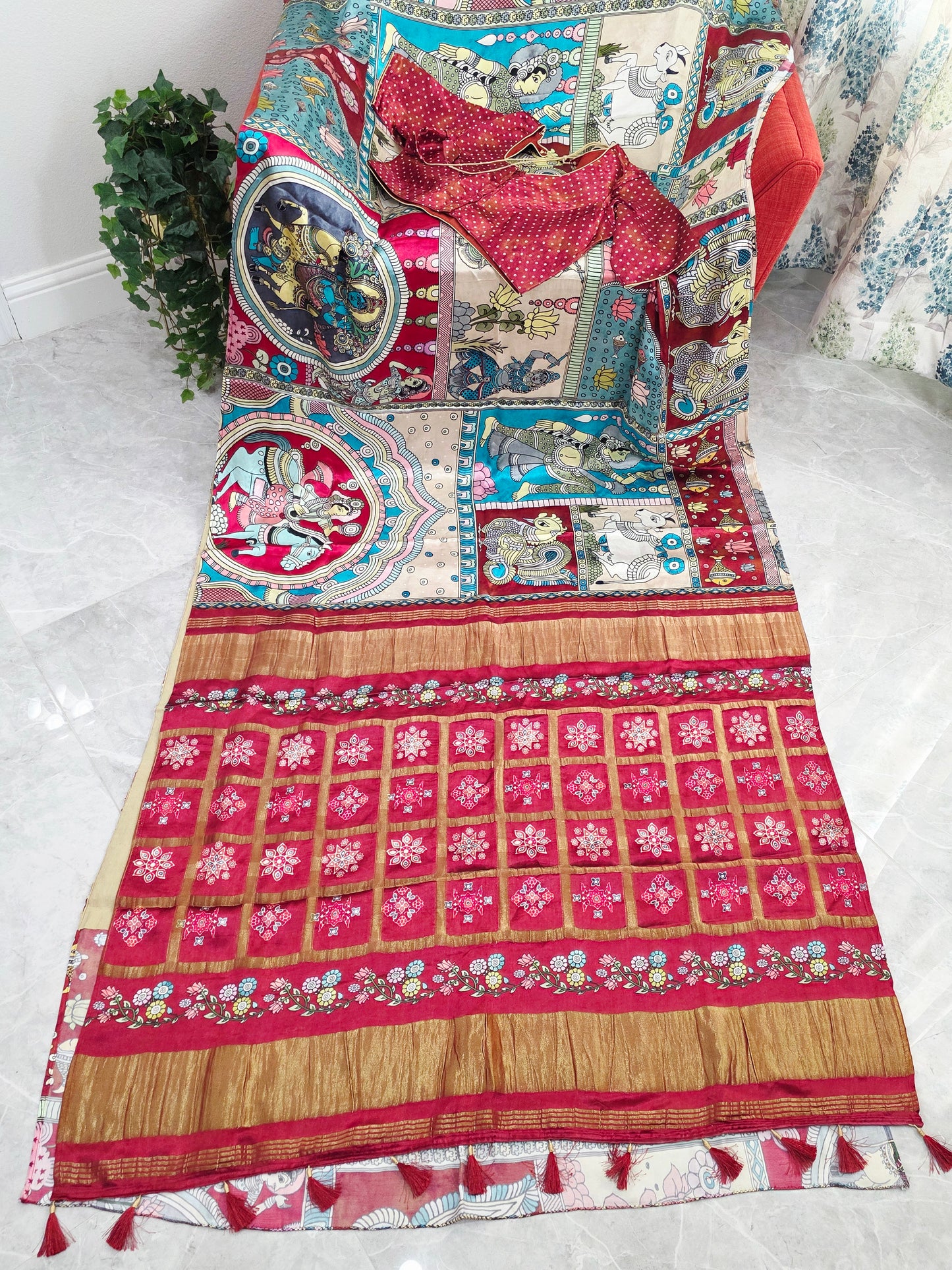 Gaji Satin Kalamkari Silk Saree with Stitched Blouse
