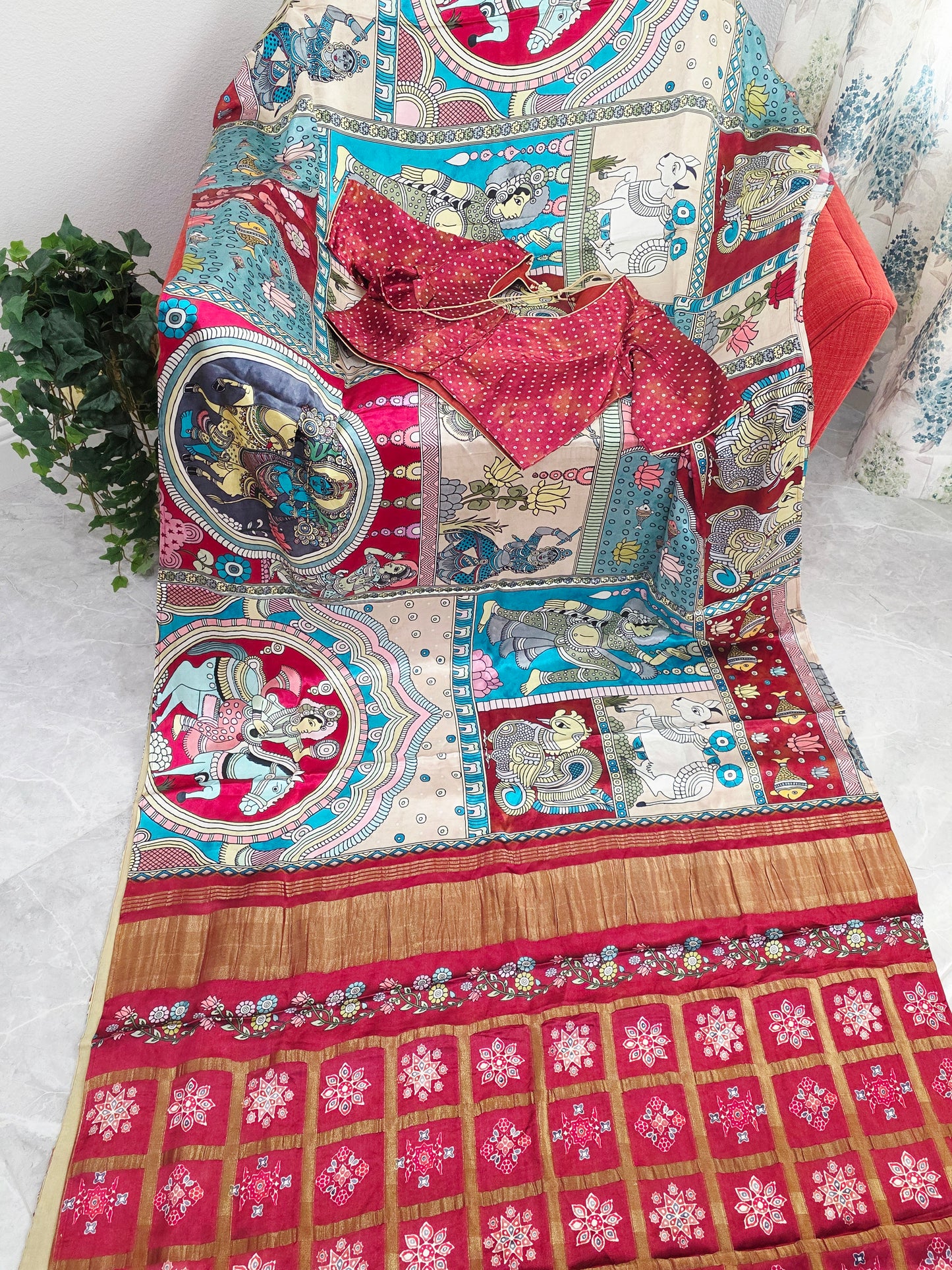 Gaji Satin Kalamkari Silk Saree with Stitched Blouse