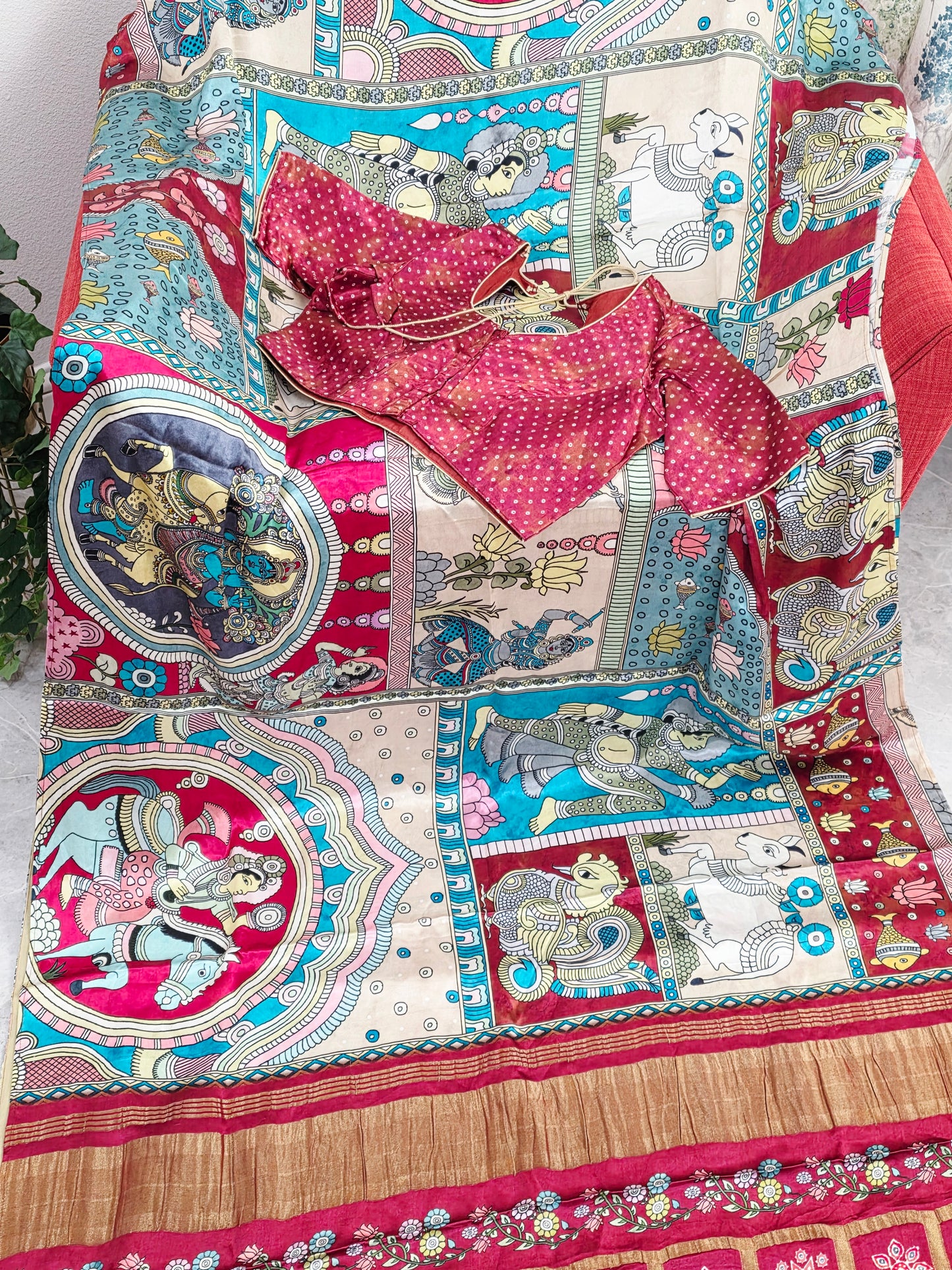 Gaji Satin Kalamkari Silk Saree with Stitched Blouse