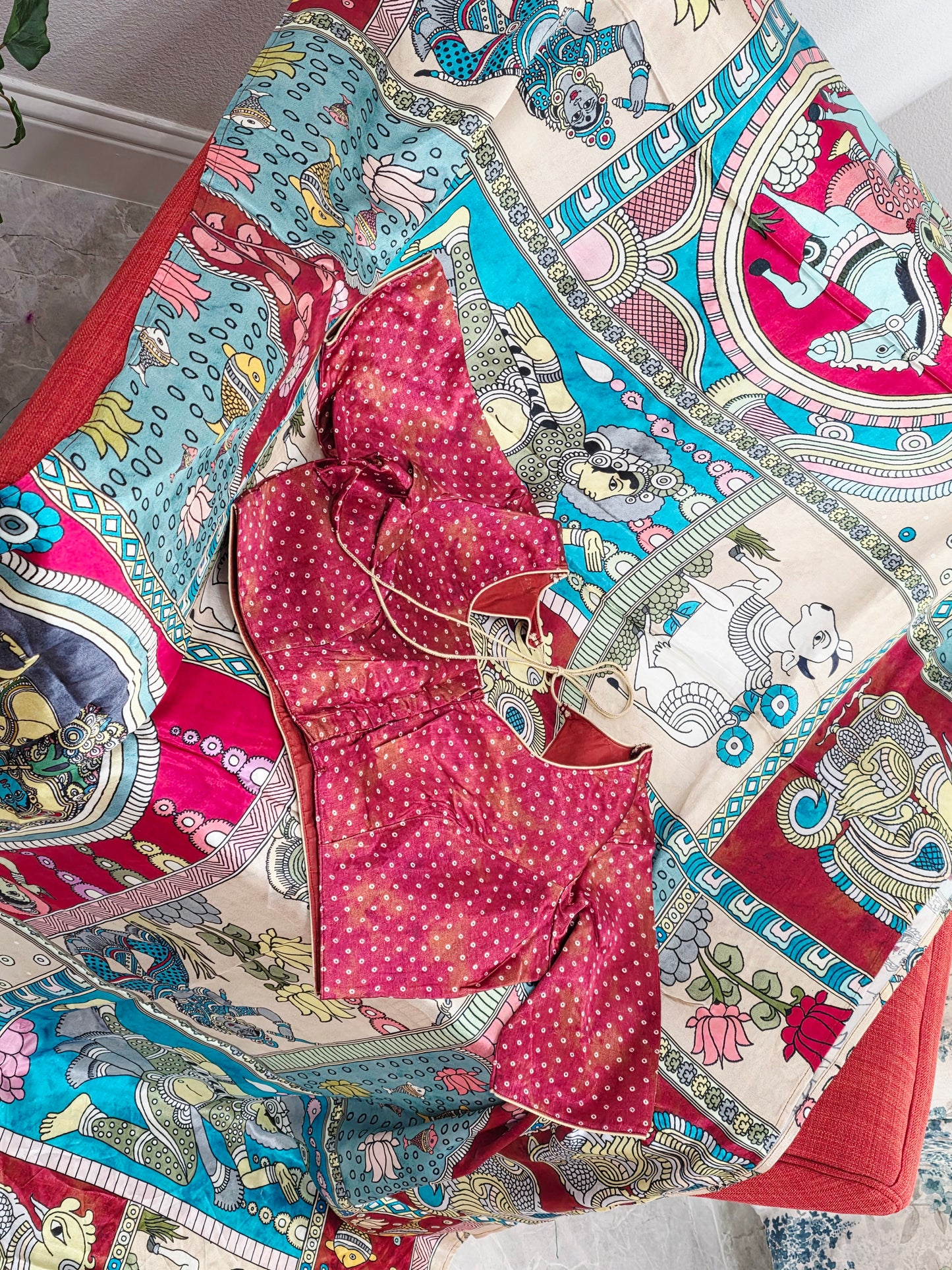 Gaji Satin Kalamkari Silk Saree with Stitched Blouse