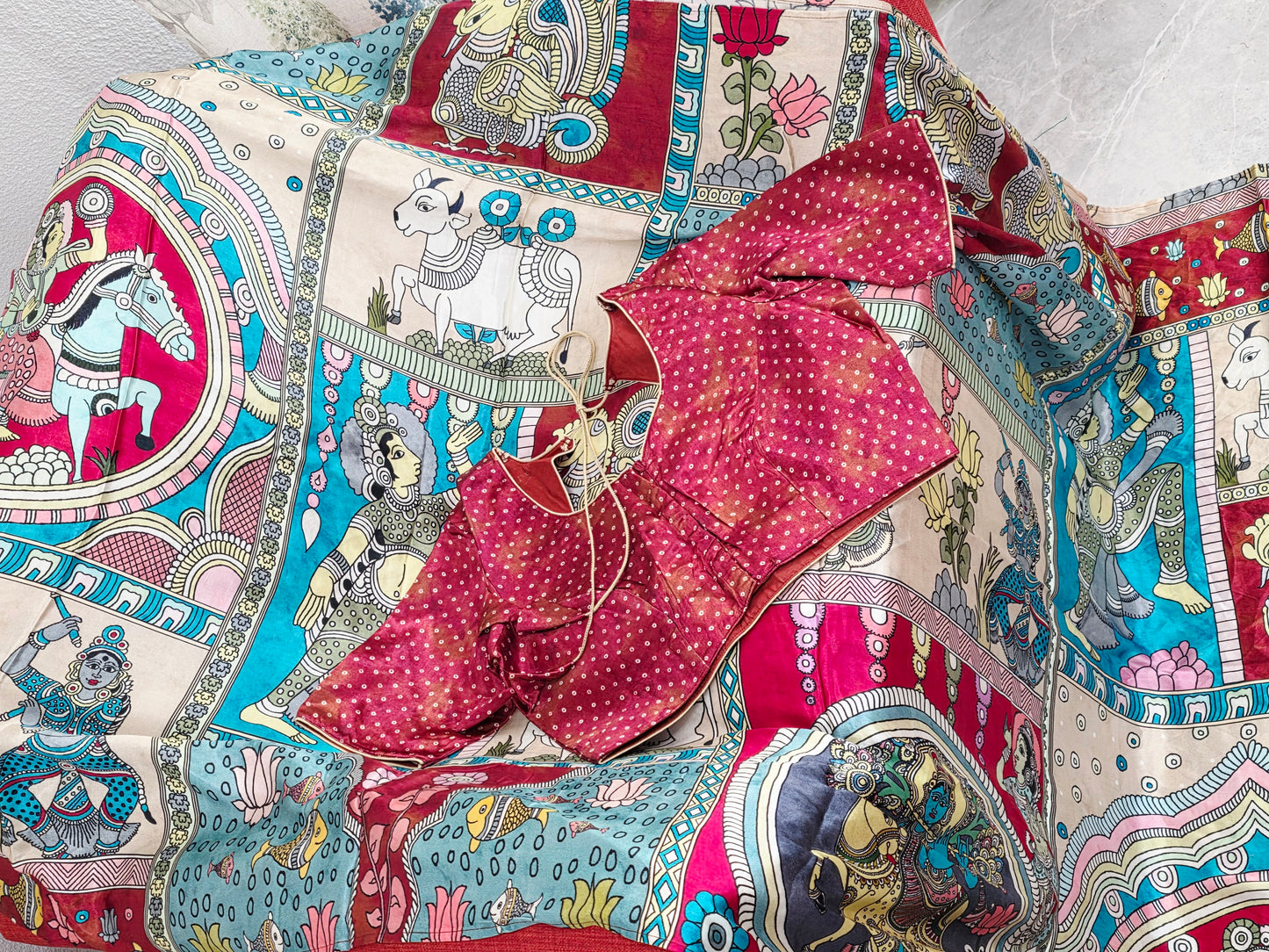 Gaji Satin Kalamkari Silk Saree with Stitched Blouse