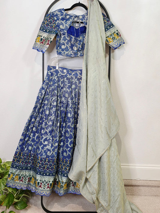 Munga Crepe Silk Paithani Border Half Saree Set for Juniors (Age 11+) | Royal Blue & Sage Green