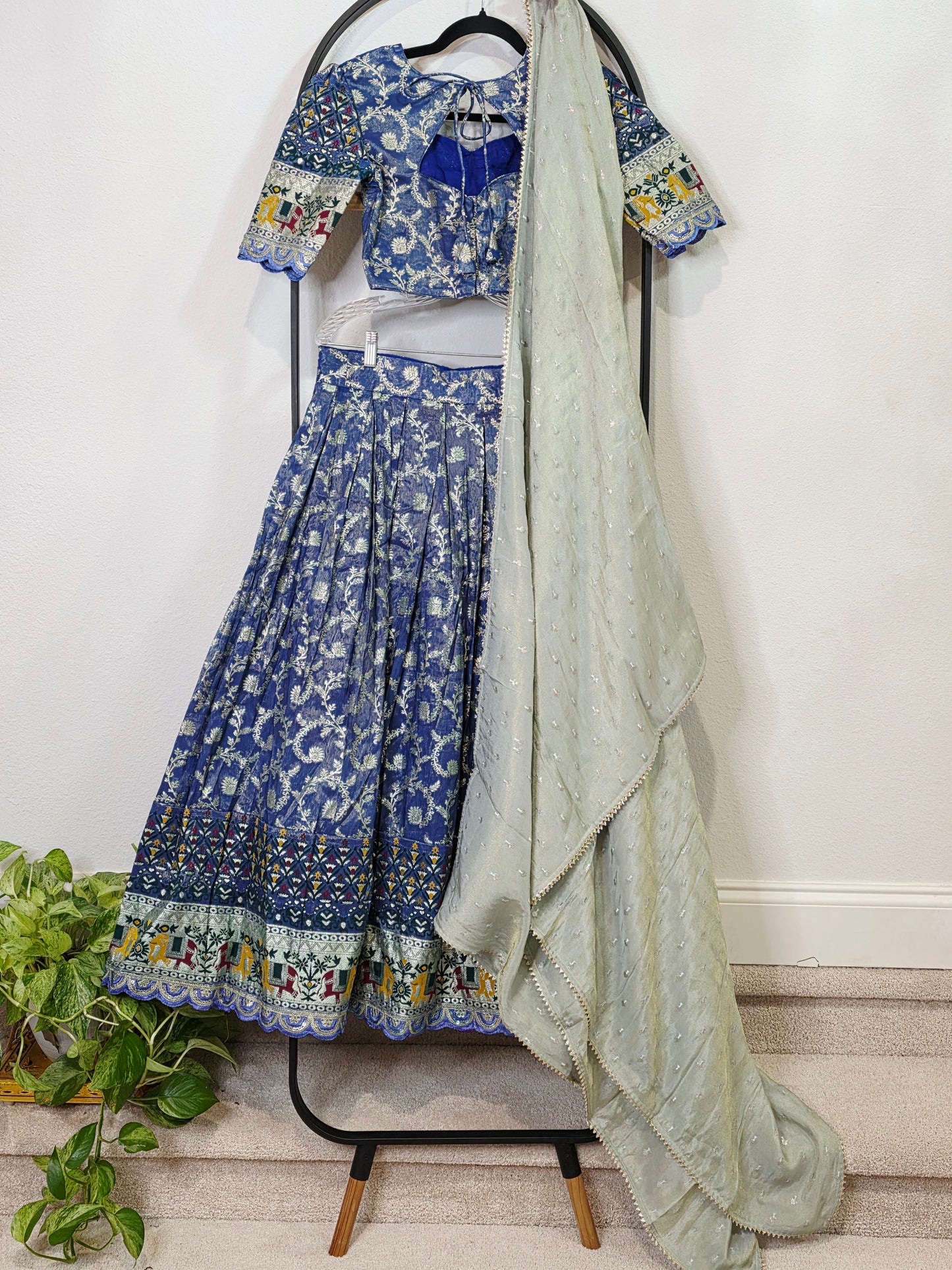 Munga Crepe Silk Paithani Border Half Saree Set for Juniors (Age 11+) | Royal Blue & Sage Green