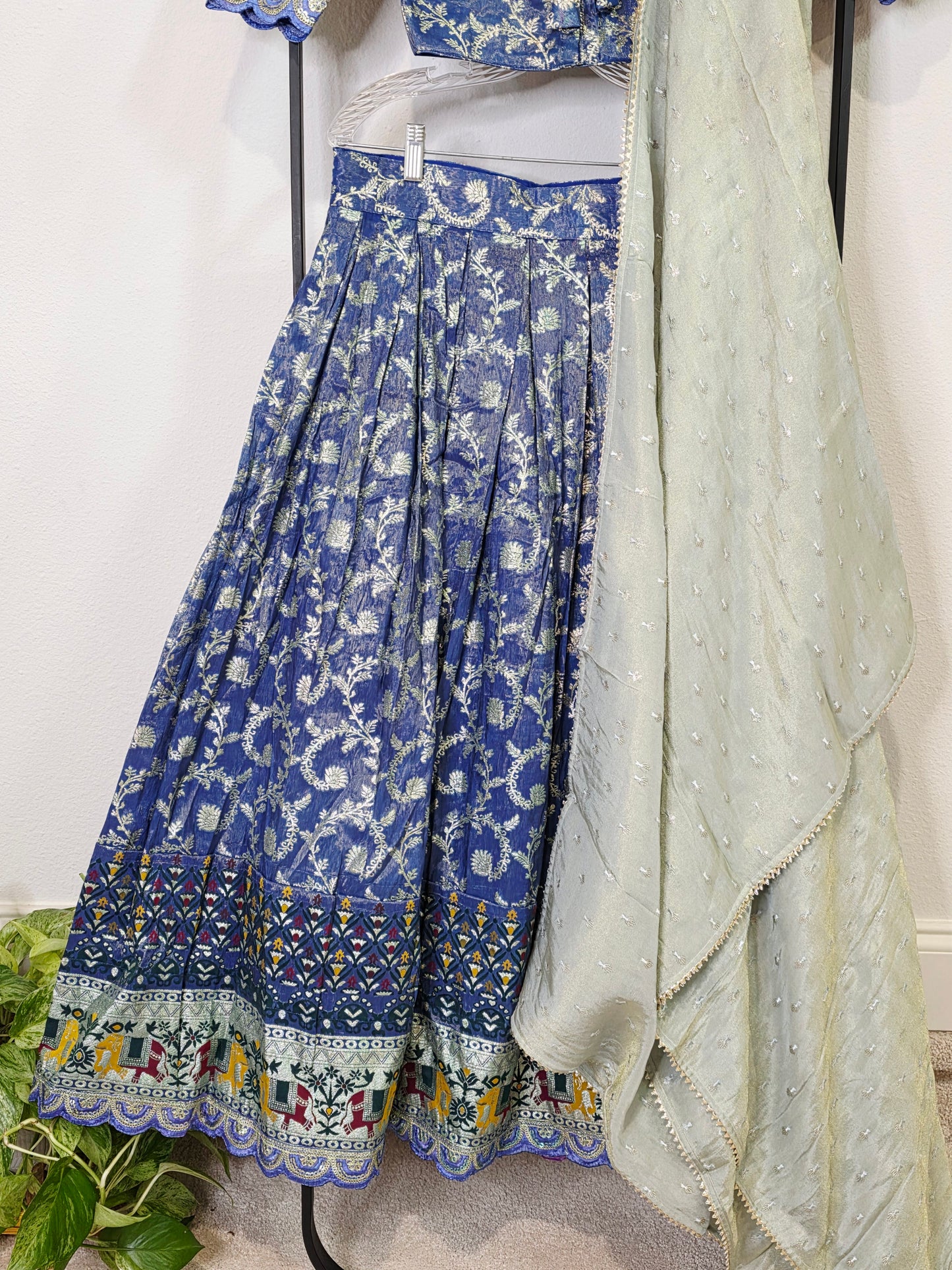 Munga Crepe Silk Paithani Border Half Saree Set for Juniors (Age 11+) | Royal Blue & Sage Green
